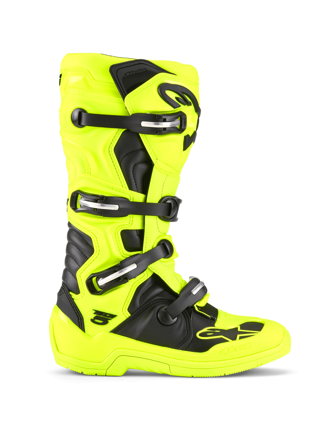 Alpinestars Tech 5 Boots, Motocross and Off-Road Boots, Yellow Fluo and Black, four-buckle closure system, protective TPU shell, biomechanical pivot design, durable sole for racing