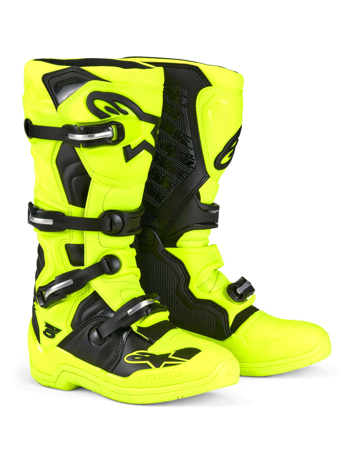 Botas Alpinestars Tech 5, botas de motocross, amarelo néon e pretas, com sistema de fecho de várias fivelas e detalhes prateados, painéis de proteção pretos e logótipos Alpinestars proeminentes na canela e na biqueira, concebidas para performance todo-o-terreno.