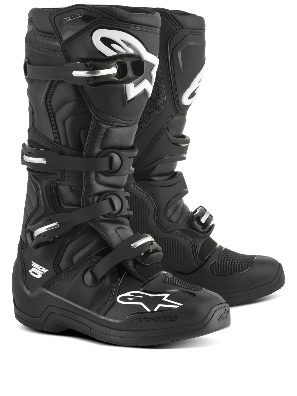 Alpinestars Botas Tech 5, botas de motocross e todo-o-terreno, unissexo, pretas e brancas, com sistema de fivelas em alumínio e pivô biomecânico, certificadas CE.