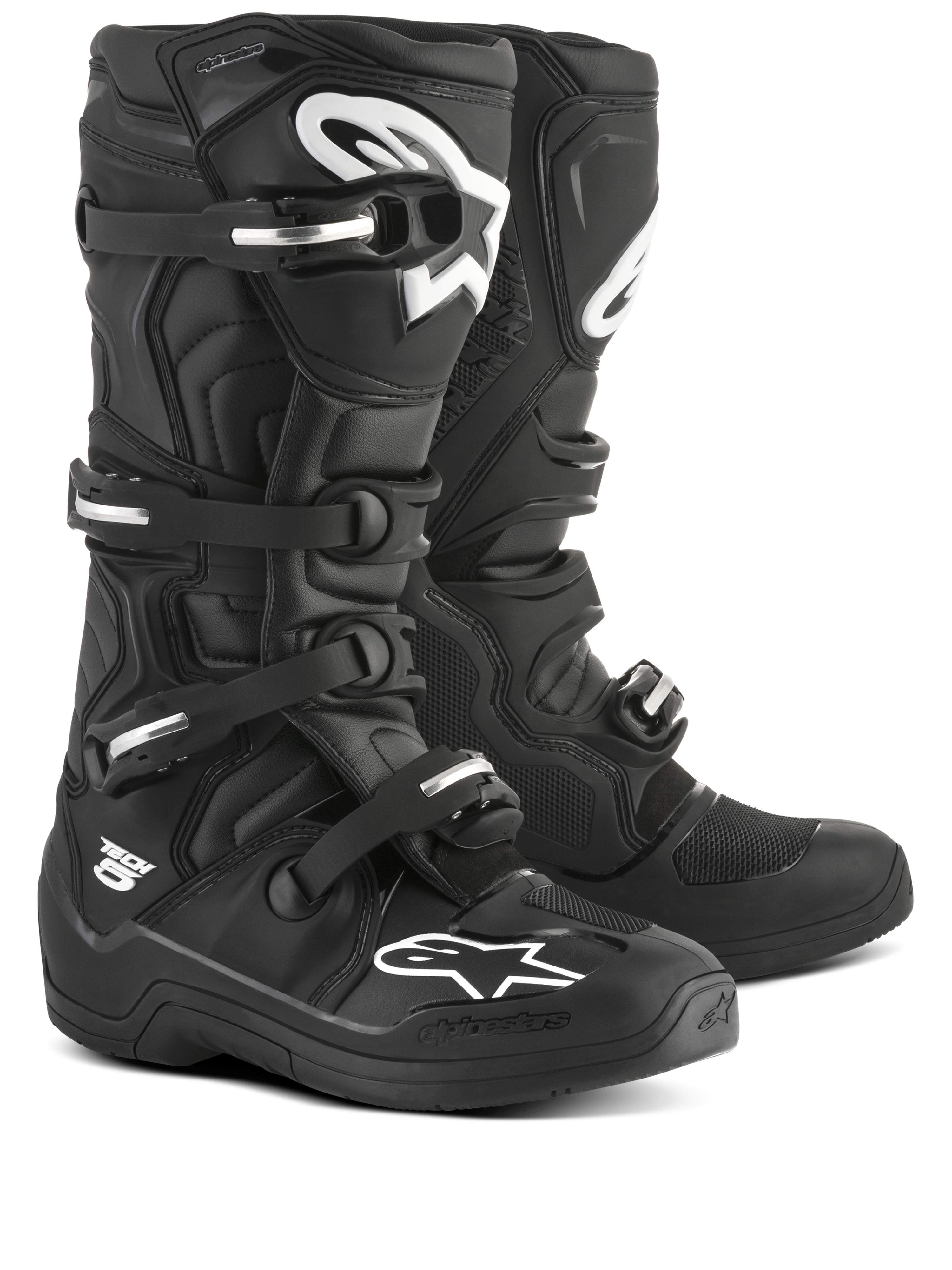 Alpinestars Botas Tech 5, botas de motocross e todo-o-terreno, unissexo, pretas e brancas, com sistema de fivelas em alumínio e pivô biomecânico, certificadas CE.