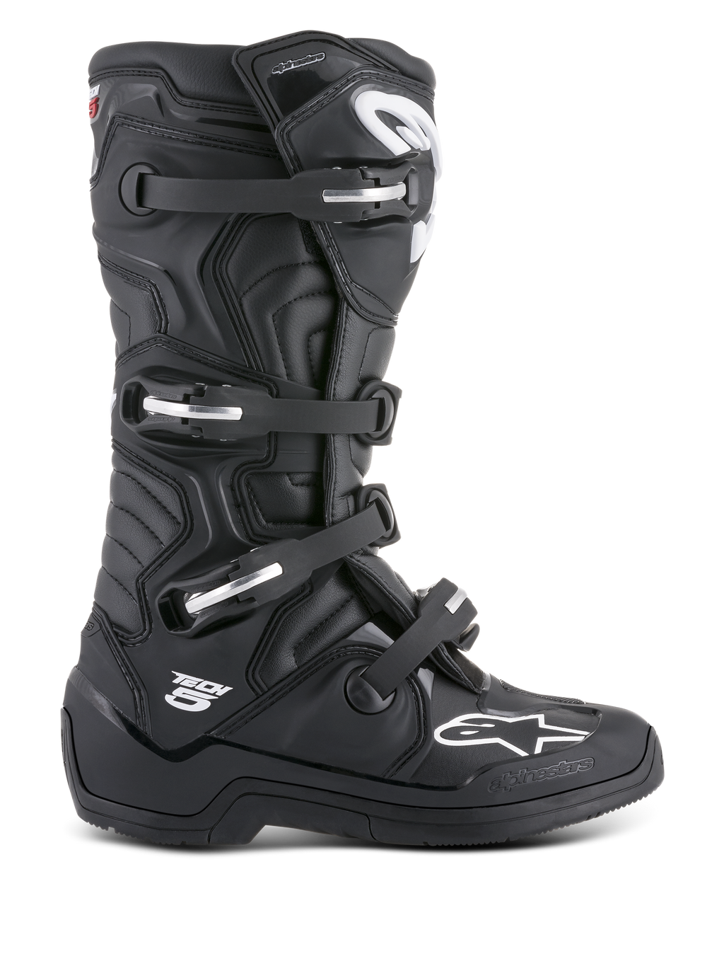 Botas Alpinestars Tech 5, botas de motocross unissexo, pretas, construção em microfibra sintética e TPU, certificadas CE, fivelas de alumínio.