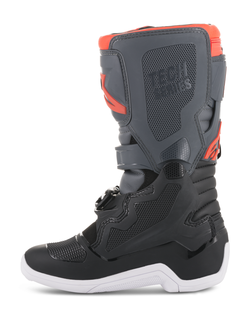 Botas Alpinestars Youth Tech 7S, botas de motocross, em preto, cinzento escuro e vermelho fluorescente, vista de perfil lateral com painéis protetores em TPU, marca Tech Series e sola branca