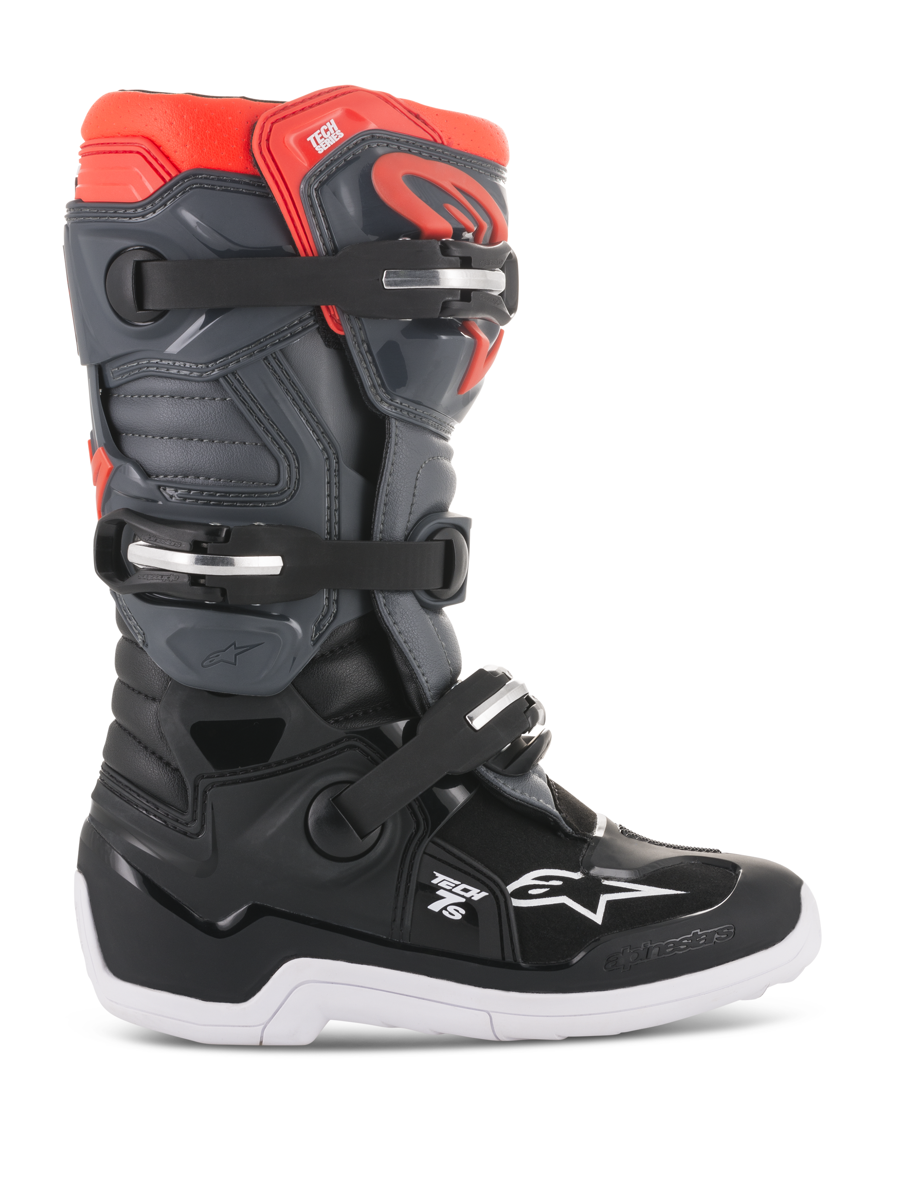 Botas Alpinestars Youth Tech 7S, botas de motocross e todo-o-terreno, preto, cinzento escuro e vermelho fluorescente, estrutura de cano alto com três fivelas ajustáveis, biqueira e calcanhar reforçados, sola branca espessa com padrões de aderência, proteção durável em TPU e parte superior sintética