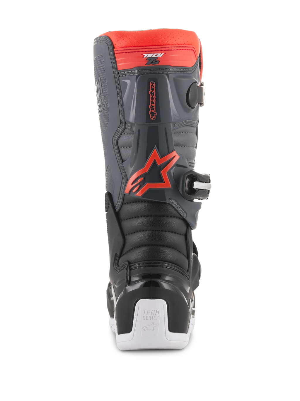 Botas Alpinestars Youth Tech 7S, botas de motocross, pretas, cinzento escuro e vermelho fluorescente, vista traseira com painéis de proteção em TPU, logótipo Alpinestars em vermelho fluorescente e detalhes da sola em branco, calçado de proteção durável para todo-o-terreno