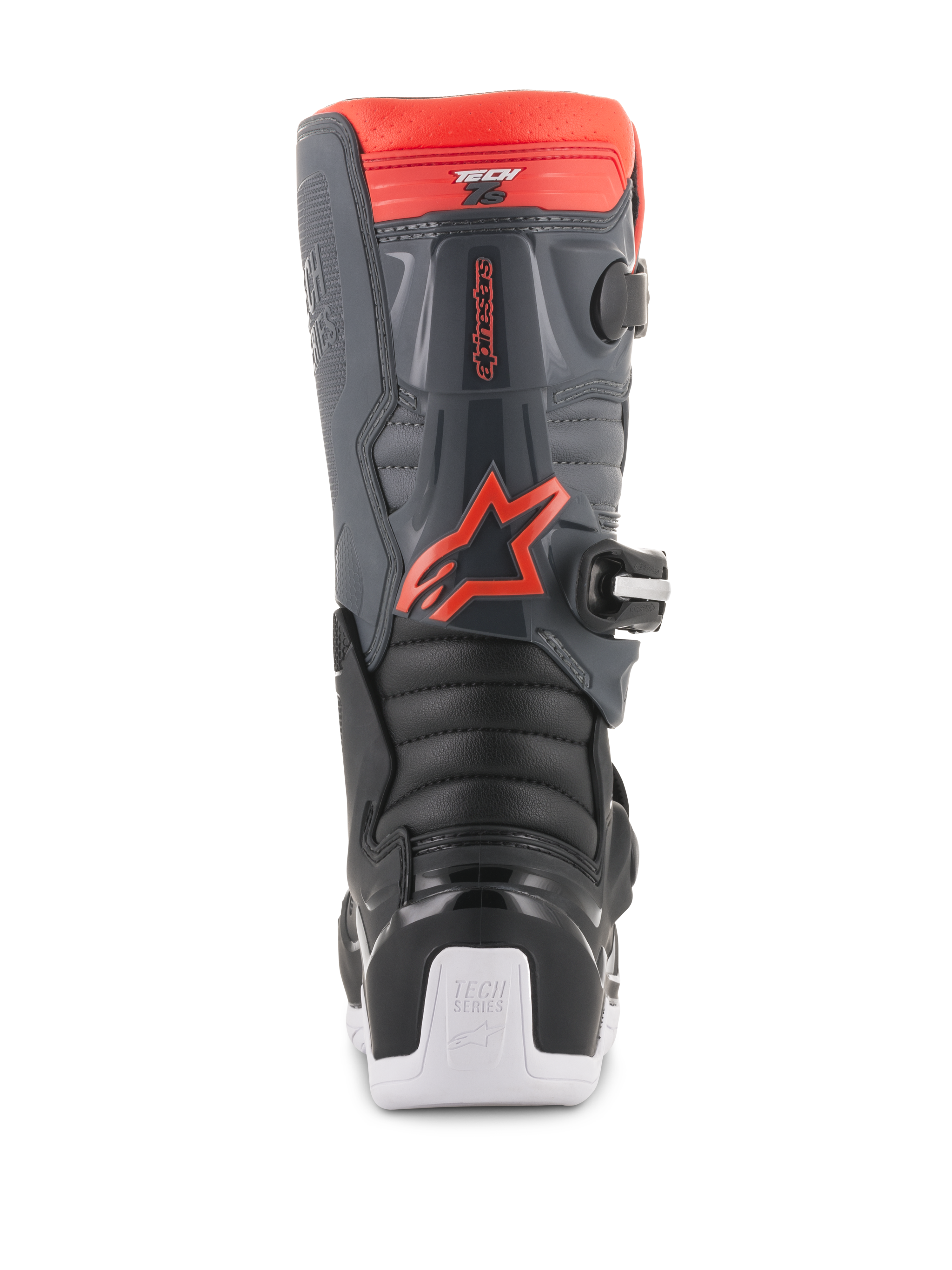 Botas Alpinestars Youth Tech 7S, botas de motocross, pretas, cinzento escuro e vermelho fluorescente, vista traseira com painéis de proteção em TPU, logótipo Alpinestars em vermelho fluorescente e detalhes da sola em branco, calçado de proteção durável para todo-o-terreno