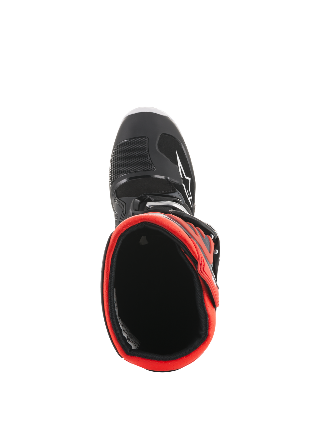 Botas Alpinestars Youth Tech 7S, botas de motocross, pretas e vermelho fluorescente, vista superior mostrando o forro interior vermelho, estrutura exterior preta com logótipo de estrela branco e construção sintética durável