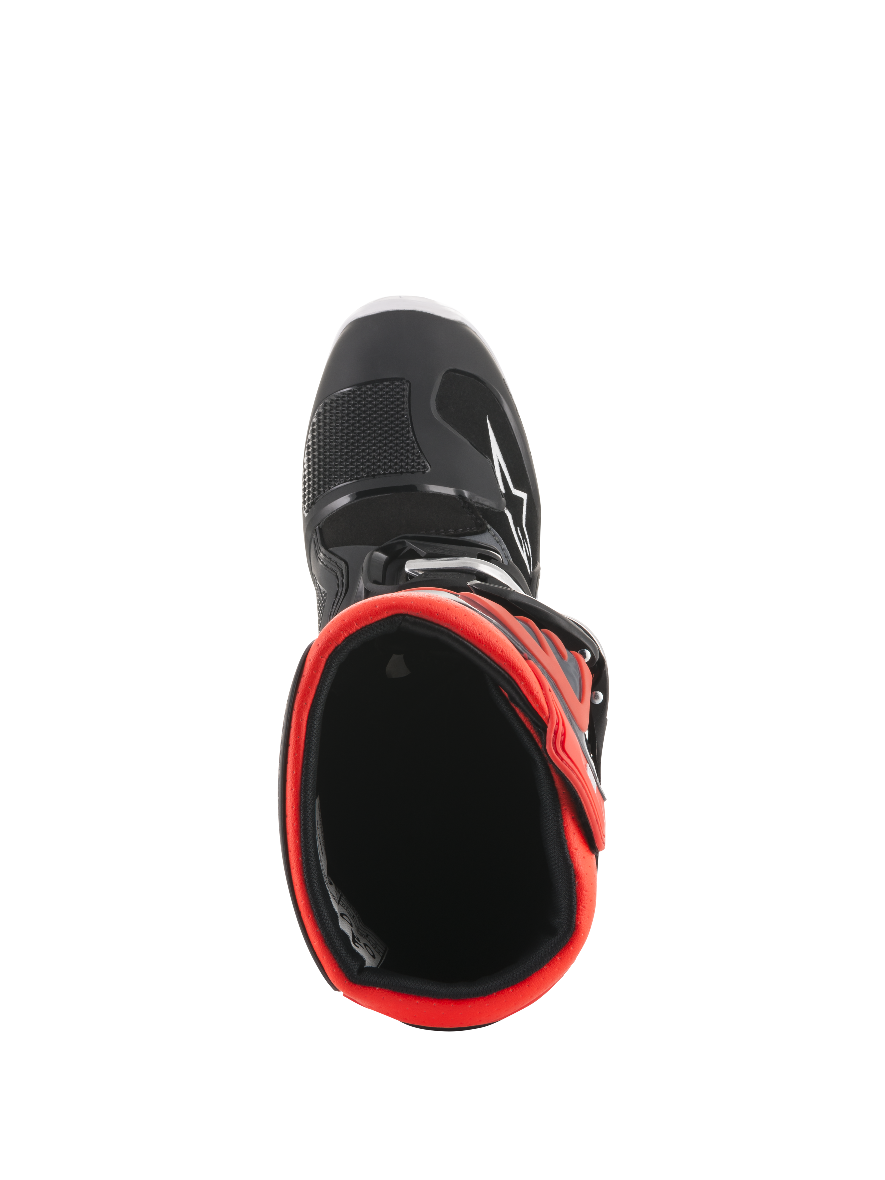 Botas Alpinestars Youth Tech 7S, botas de motocross, pretas e vermelho fluorescente, vista superior mostrando o forro interior vermelho, estrutura exterior preta com logótipo de estrela branco e construção sintética durável