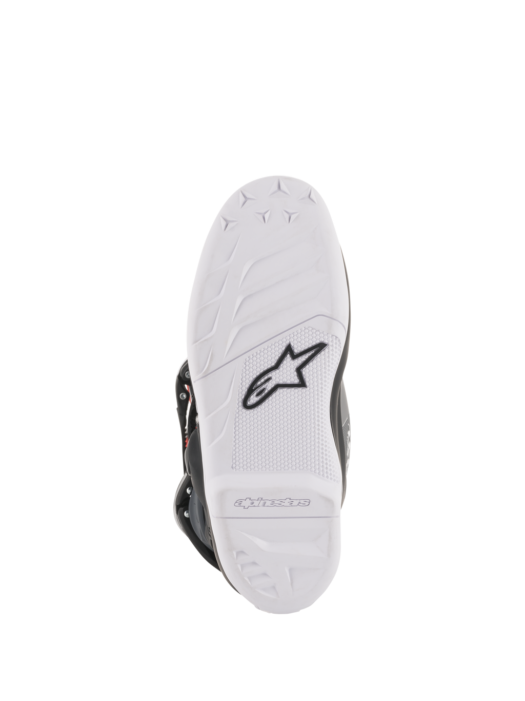Botas Alpinestars Youth Tech 7S, botas de motocross, vista da sola inferior em branco, com logótipo da estrela Alpinestars em preto e marca em relevo, construção em composto durável com padrão de aderência de alto desempenho