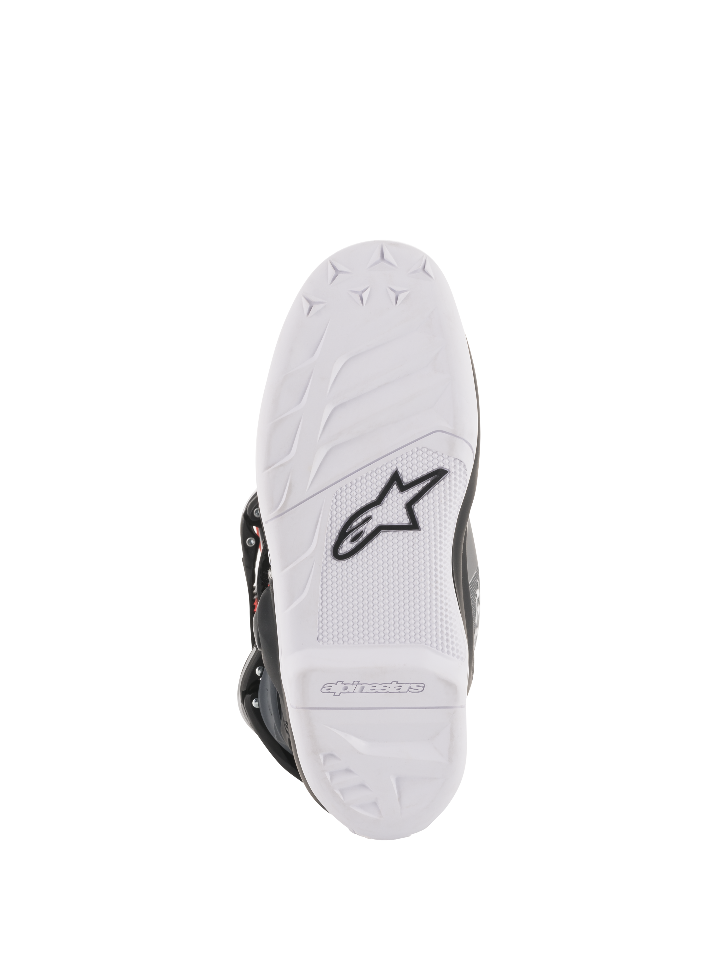 Botas Alpinestars Youth Tech 7S, botas de motocross, vista da sola inferior em branco, com logótipo da estrela Alpinestars em preto e marca em relevo, construção em composto durável com padrão de aderência de alto desempenho