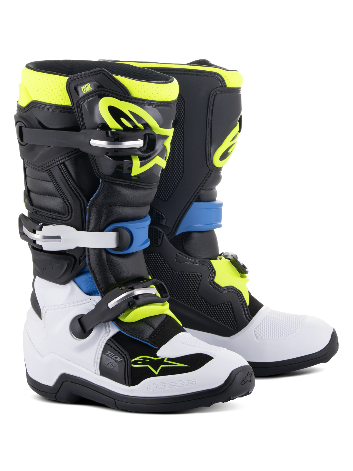 Botas Alpinestars Youth Tech 7S, botas de motocross, pretas, azul enamel, amarelo néon e brancas, com fechos de fivela de alto impacto, caneleiras em TPU e sistema de pivô flexível para desempenho off-road para jovens.