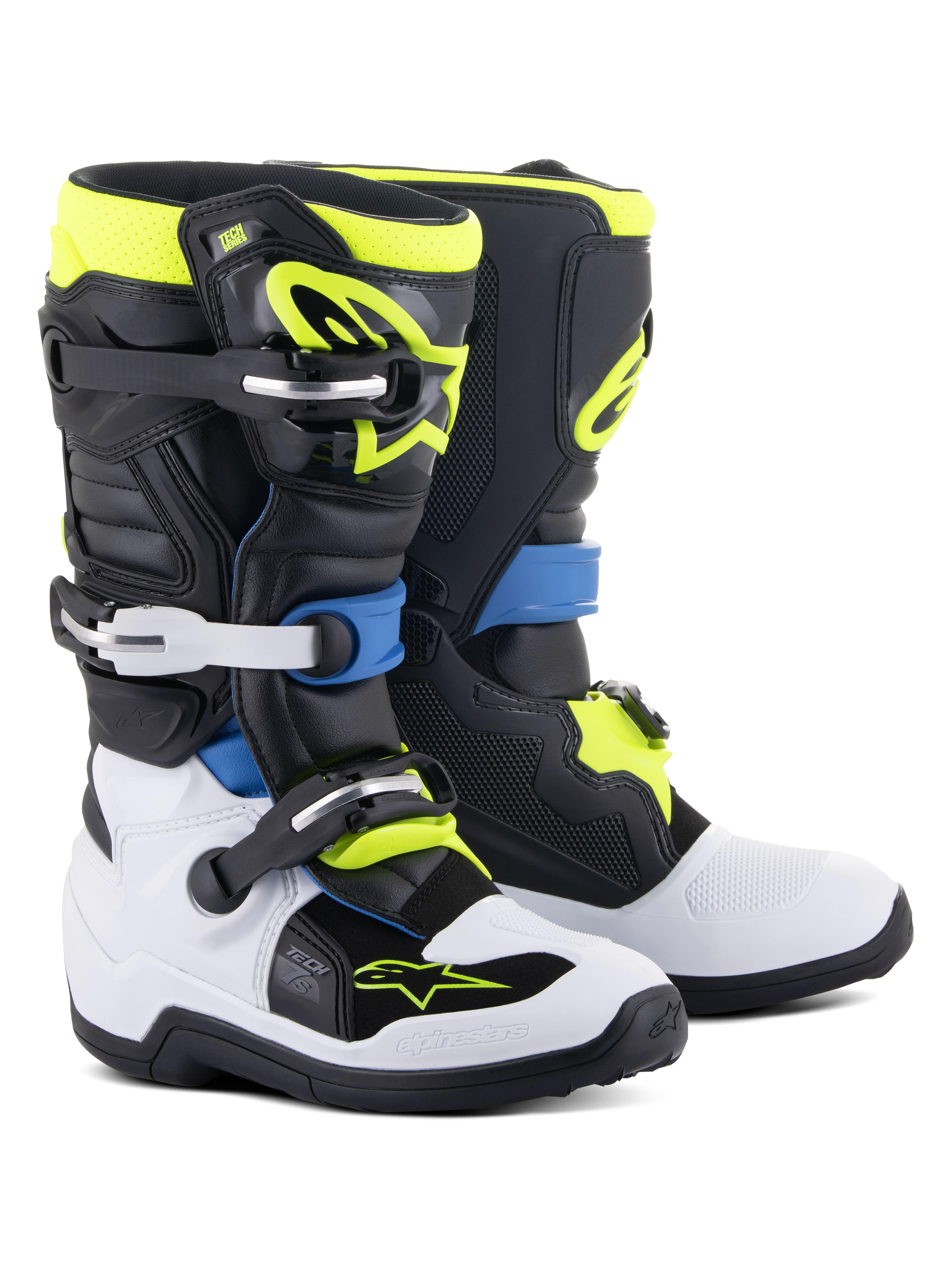 Botas Alpinestars Youth Tech 7S, botas de motocross, pretas, azul enamel, amarelo néon e brancas, com fechos de fivela de alto impacto, caneleiras em TPU e sistema de pivô flexível para desempenho off-road para jovens.