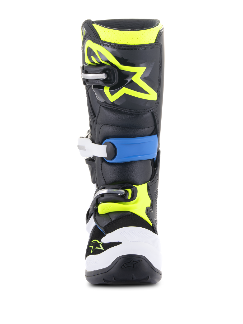 Botas Alpinestars Youth Tech 7S, botas de motocross, preto, azul enamel e amarelo fluo, vista frontal apresentando um sistema de fecho multi-fivela durável, proteção de biqueira branca e logótipo Alpinestars vibrante em amarelo fluorescente na placa de canela