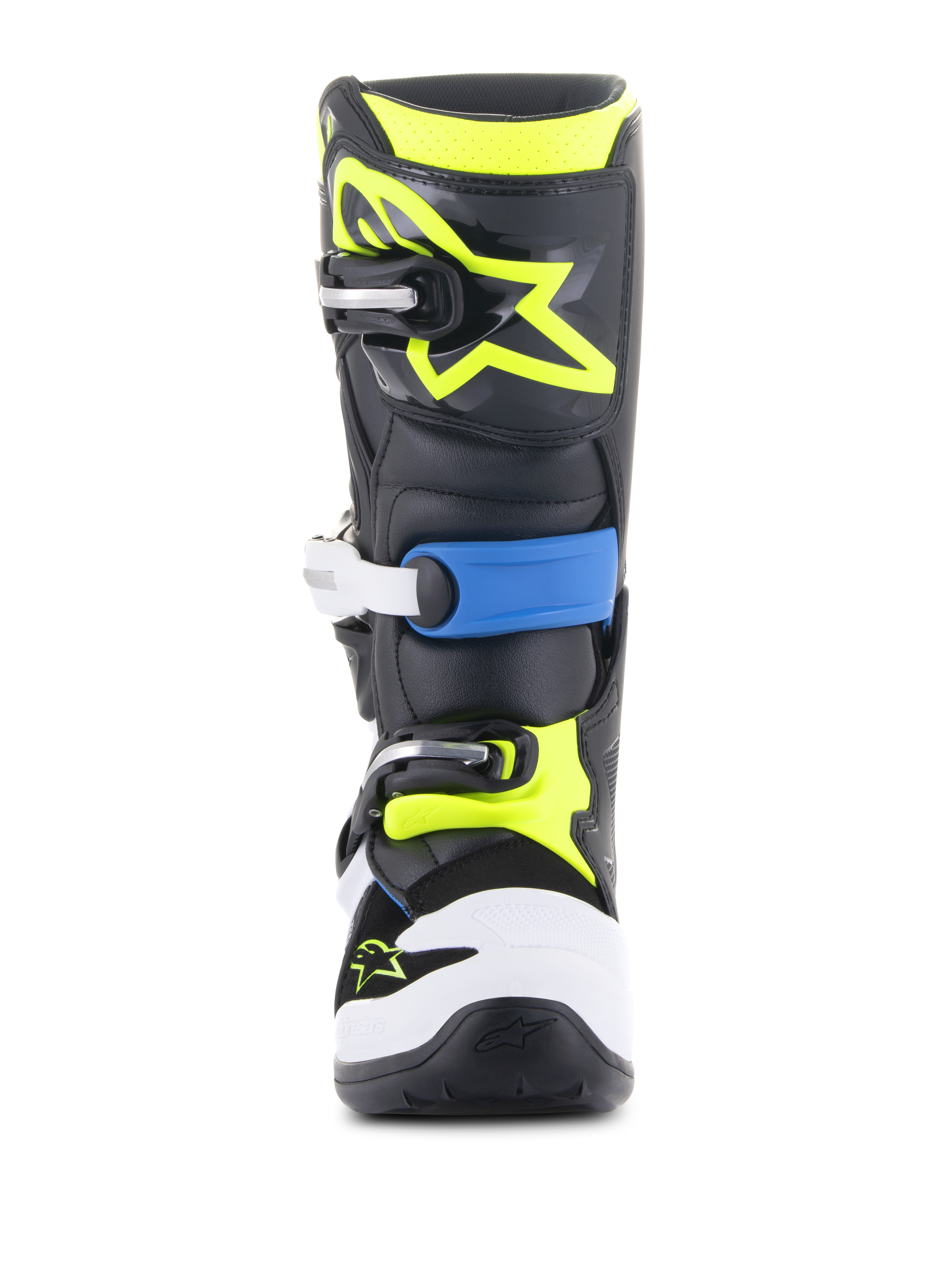 Botas Alpinestars Youth Tech 7S, botas de motocross, preto, azul enamel e amarelo fluo, vista frontal apresentando um sistema de fecho multi-fivela durável, proteção de biqueira branca e logótipo Alpinestars vibrante em amarelo fluorescente na placa de canela