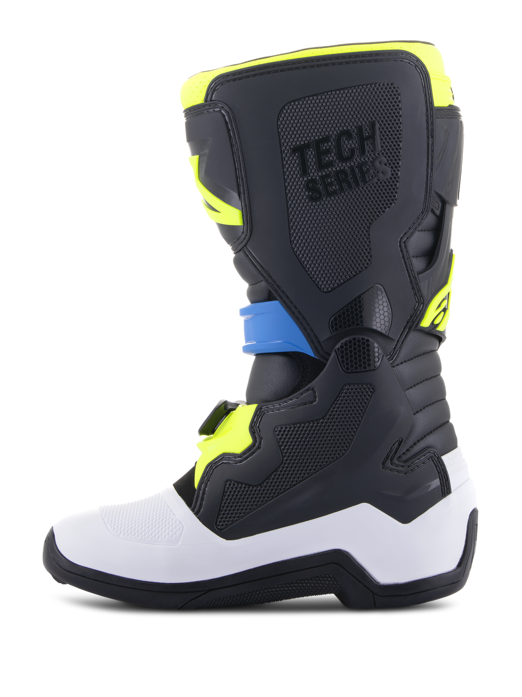 Botas Alpinestars Tech 7S Jovem, botas de motocross, preto, azul e amarelo néon, com estrutura inferior branca, painéis protetores em TPU pretos com marca 'TECH SERIES', sistema de fivelas seguro, concebidas para jovens pilotos