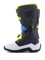 Botas Alpinestars Tech 7S Jovem, botas de motocross, preto, azul e amarelo néon, com estrutura inferior branca, painéis protetores em TPU pretos com marca 'TECH SERIES', sistema de fivelas seguro, concebidas para jovens pilotos