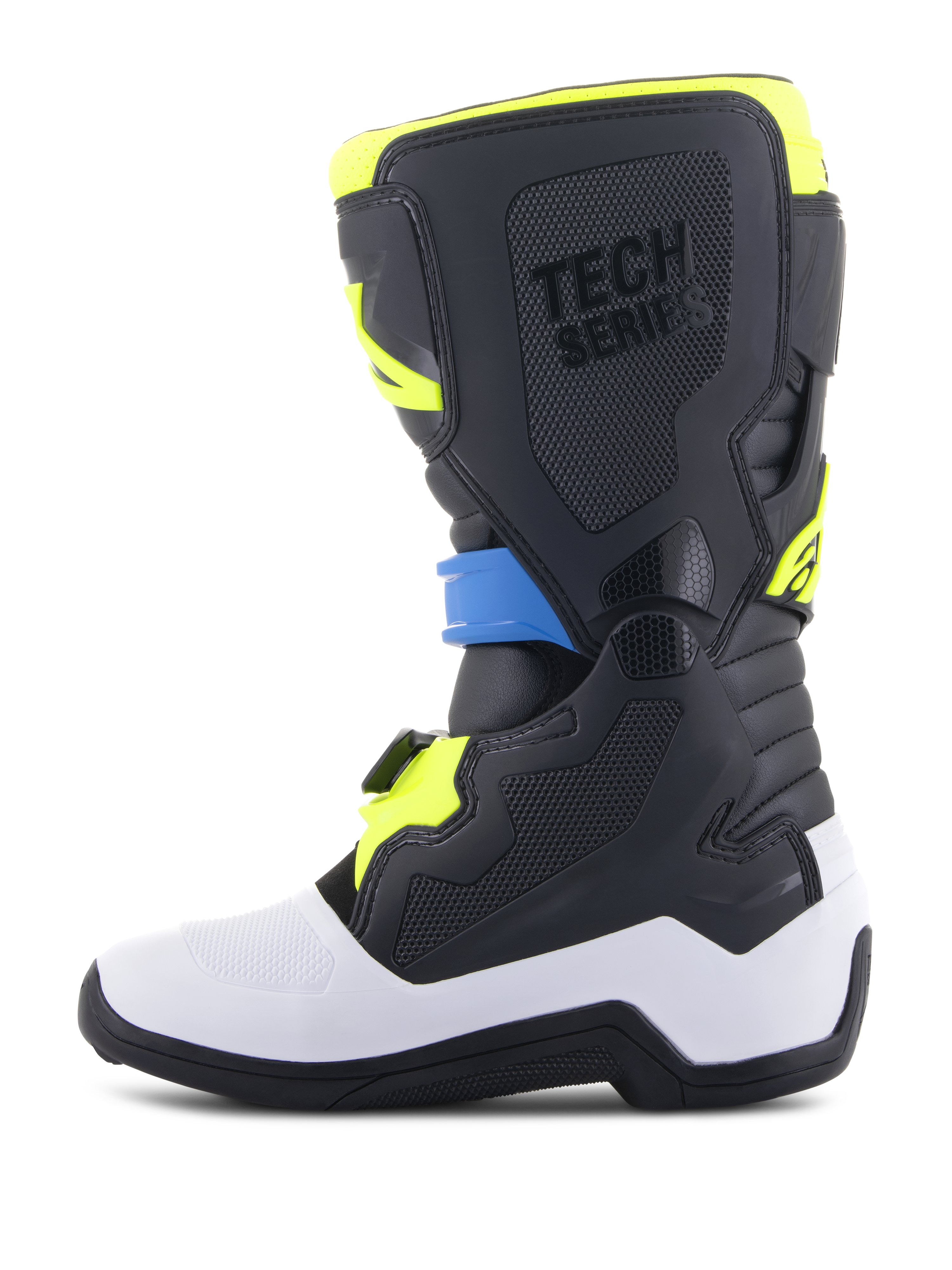 Botas Alpinestars Tech 7S Jovem, botas de motocross, preto, azul e amarelo néon, com estrutura inferior branca, painéis protetores em TPU pretos com marca 'TECH SERIES', sistema de fivelas seguro, concebidas para jovens pilotos