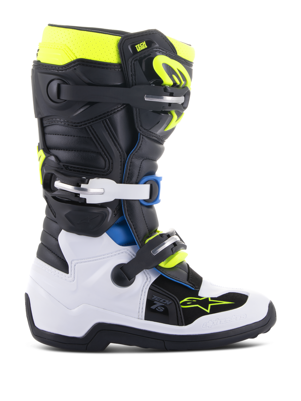 Alpinestars Youth Tech 7S, botas de motocross para jovens, pretas, brancas e amarelo néon com pormenores em azul, sistema de fivelas ajustáveis, painéis de proteção reforçados e sola de alta tração para corridas todo-o-terreno
