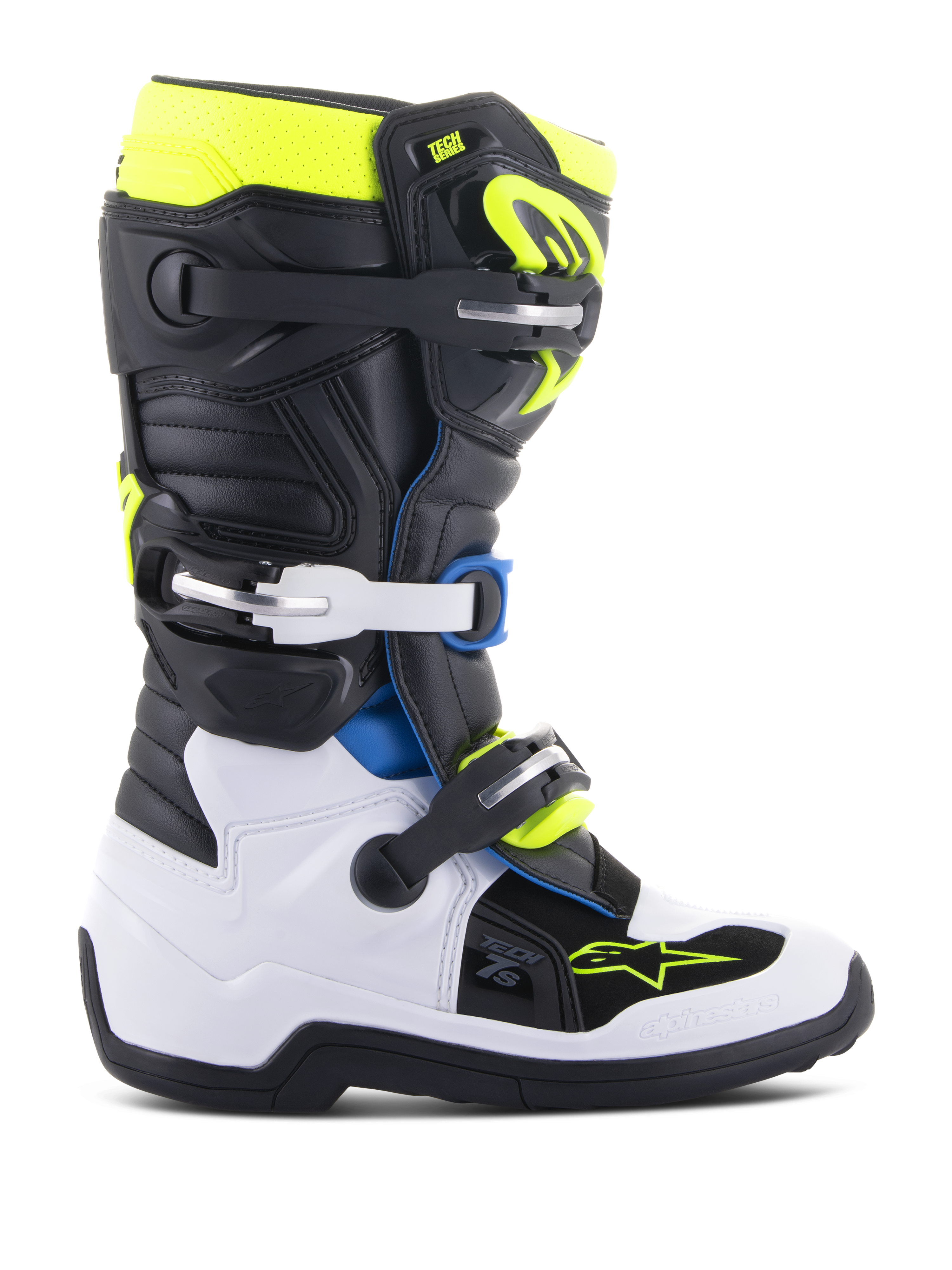 Alpinestars Youth Tech 7S, botas de motocross para jovens, pretas, brancas e amarelo néon com pormenores em azul, sistema de fivelas ajustáveis, painéis de proteção reforçados e sola de alta tração para corridas todo-o-terreno