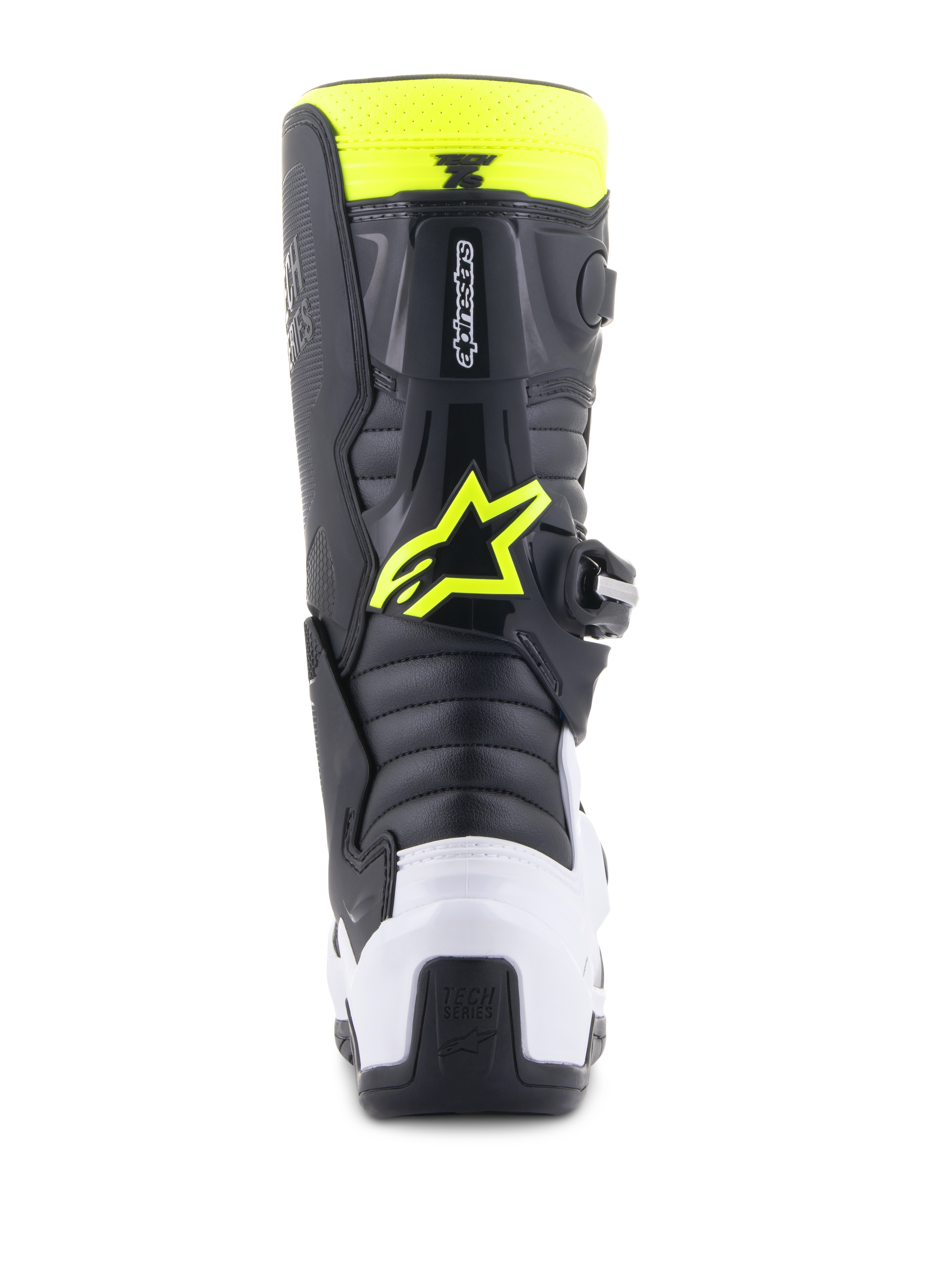 Botas Alpinestars Youth Tech 7S, botas de motocross, pretas, brancas e amarelo néon, vista traseira com protetor de calcanhar branco e logótipo Alpinestars em amarelo néon, calçado de corrida todo-o-terreno durável para jovens pilotos