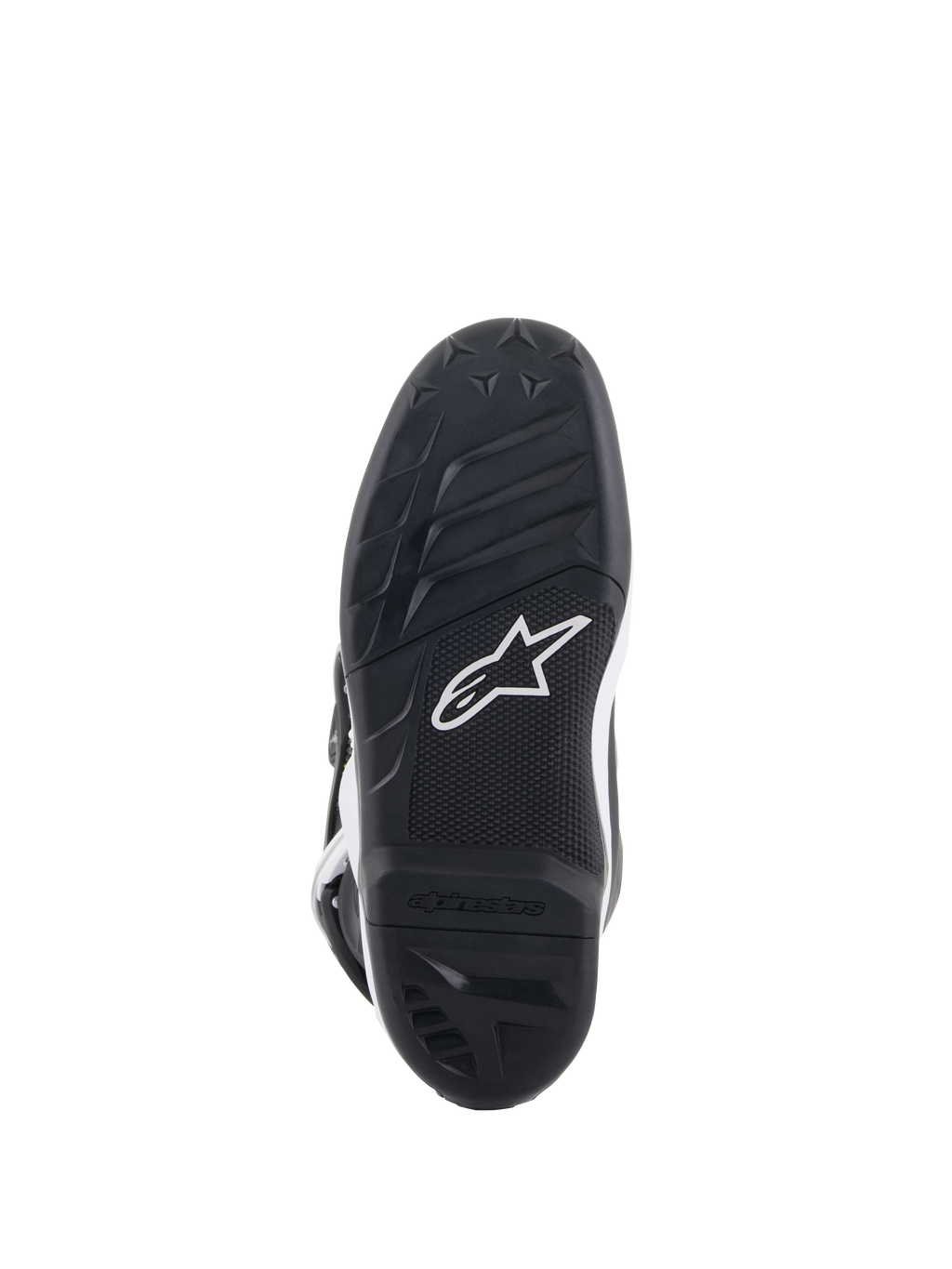 Botas Alpinestars Youth Tech 7S, vista da sola inferior, borracha preta com padrão de aderência texturizado e logótipo Alpinestars branco, construção em composto durável para motocross juvenil