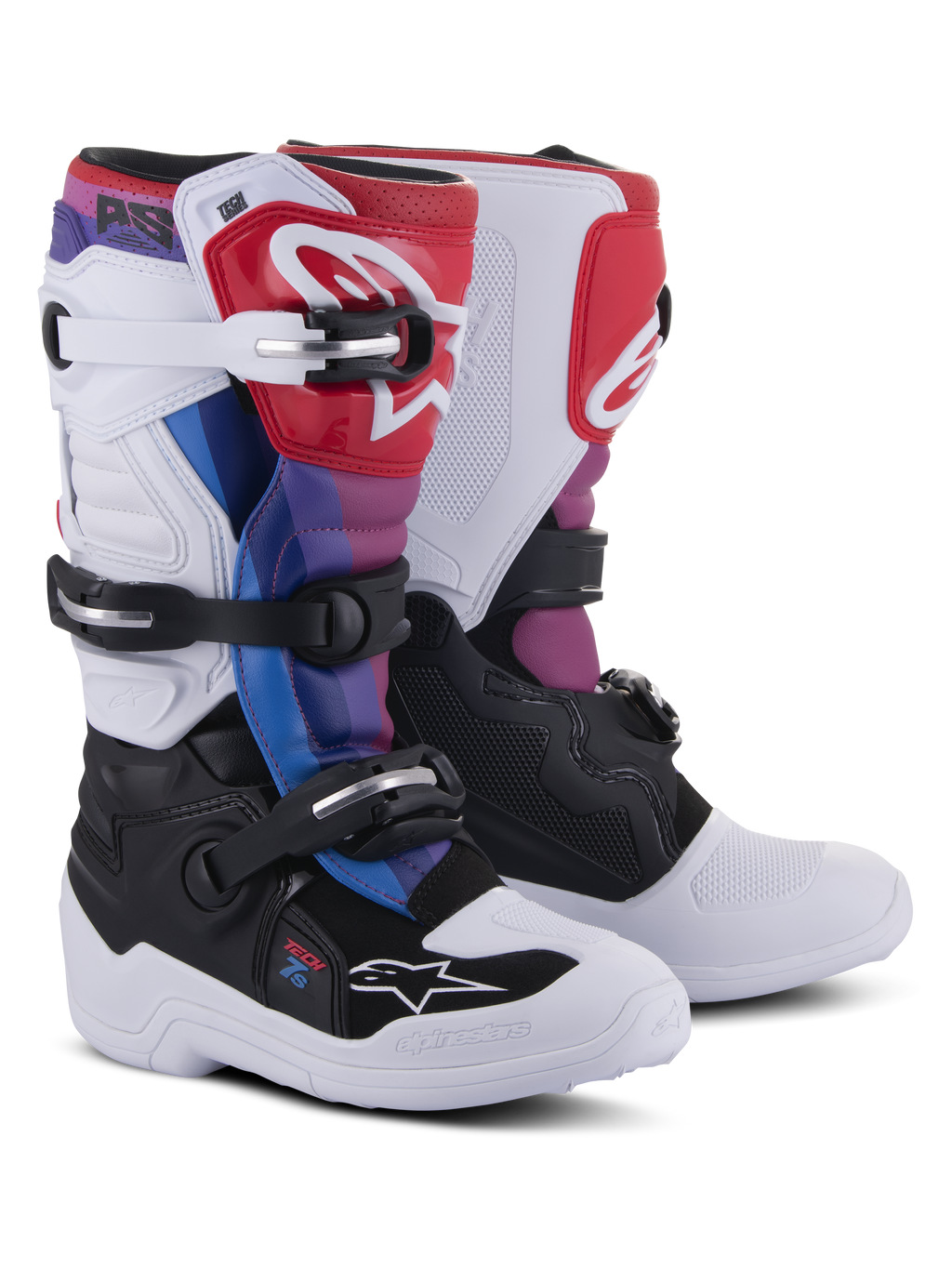 Botas Alpinestars Youth Tech 7S, botas de motocross, White Black Rainbow, com base branca e preta e detalhes em vermelho, azul e roxo, sistema de fecho com várias fivelas e placa protetora na canela para corridas todo-o-terreno