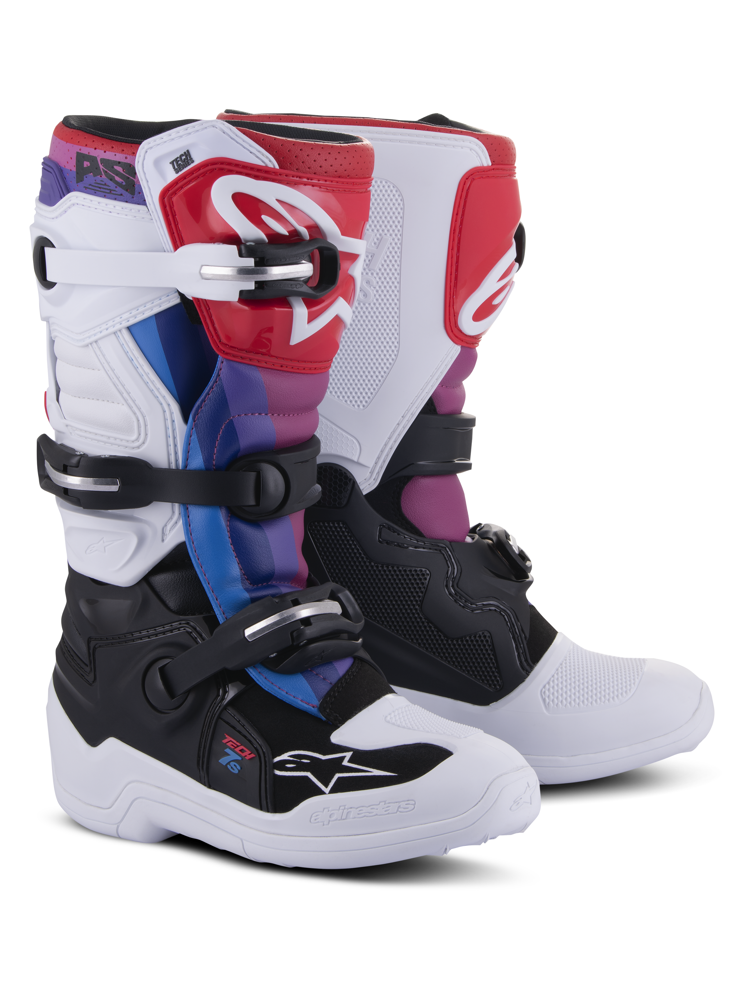 Botas Alpinestars Youth Tech 7S, botas de motocross, White Black Rainbow, com base branca e preta e detalhes em vermelho, azul e roxo, sistema de fecho com várias fivelas e placa protetora na canela para corridas todo-o-terreno