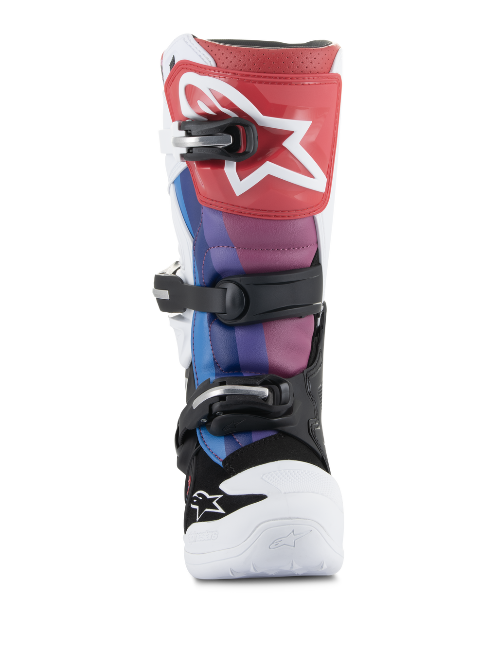 Botas Alpinestars Youth Tech 7S, botas de motocross, Branco Preto Rainbow, vista frontal com placa de canela vermelha e logótipo de estrela branco, painéis azuis e roxos, sistema de fivelas pretas e biqueira branca, calçado durável para corridas todo-o-terreno