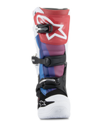Botas Alpinestars Youth Tech 7S, botas de motocross, Branco Preto Rainbow, vista frontal com placa de canela vermelha e logótipo de estrela branco, painéis azuis e roxos, sistema de fivelas pretas e biqueira branca, calçado durável para corridas todo-o-terreno