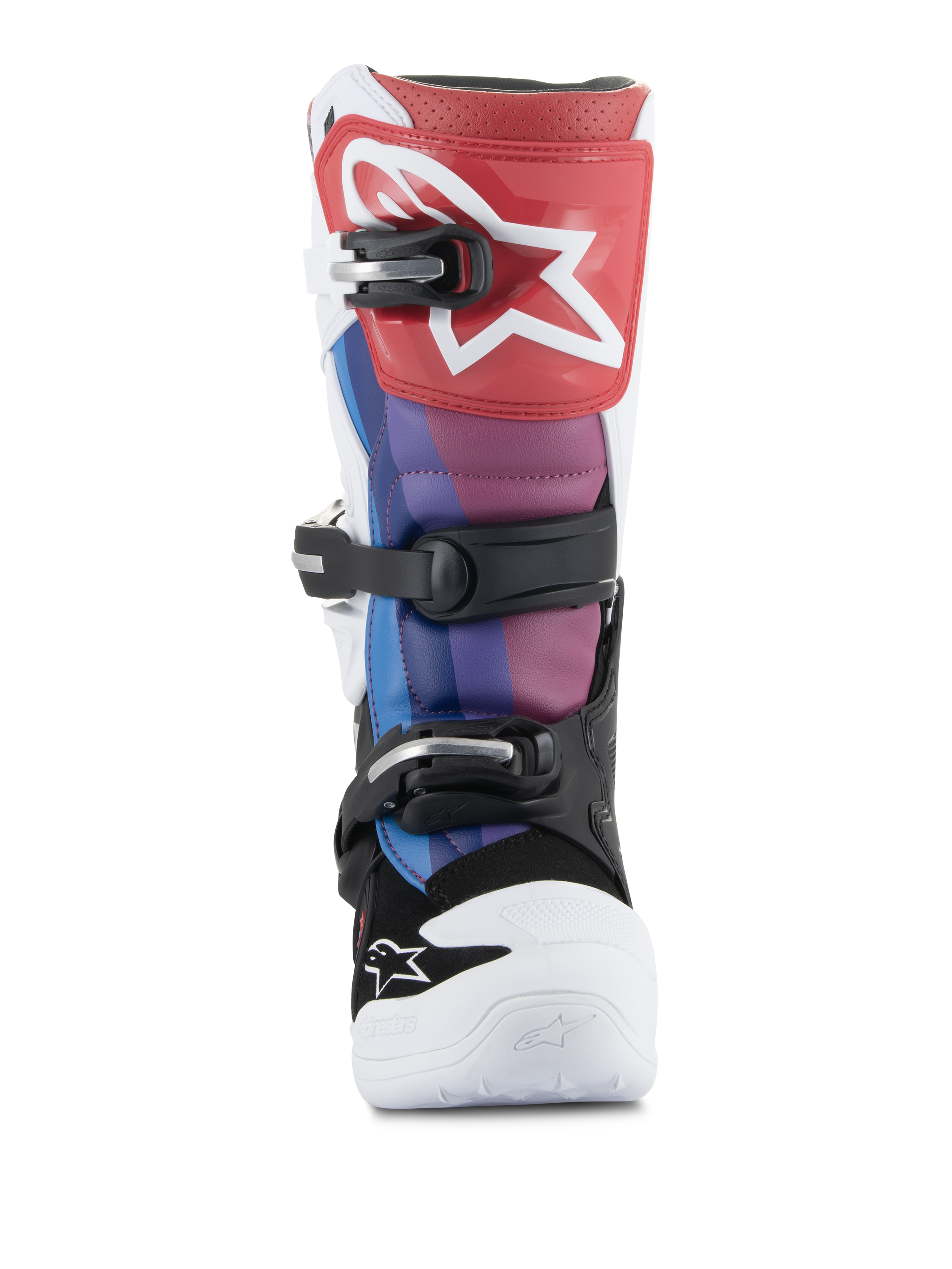 Botas Alpinestars Youth Tech 7S, botas de motocross, Branco Preto Rainbow, vista frontal com placa de canela vermelha e logótipo de estrela branco, painéis azuis e roxos, sistema de fivelas pretas e biqueira branca, calçado durável para corridas todo-o-terreno