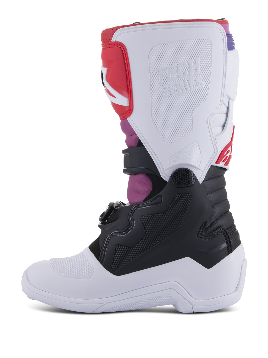 Botas Alpinestars Youth Tech 7S, botas de motocross, White Black Rainbow, vista lateral medial com placa de canela branca e logótipo Tech Series em relevo, secção inferior preta e detalhes vibrantes em rosa e vermelho, equipamento de proteção durável para condução todo-o-terreno juvenil