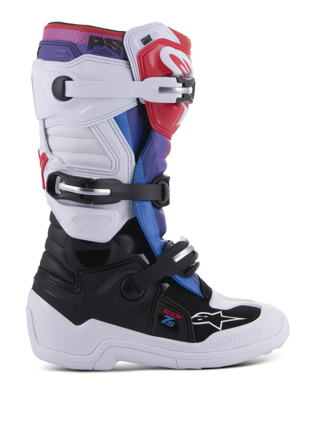 Botas Alpinestars Youth Tech 7S, botas de motocross para jovens pilotos, brancas e pretas com pormenores em vermelho, azul e roxo, sistema de fecho de fivela tripla, painéis de proteção em TPU e sola branca espessa e durável