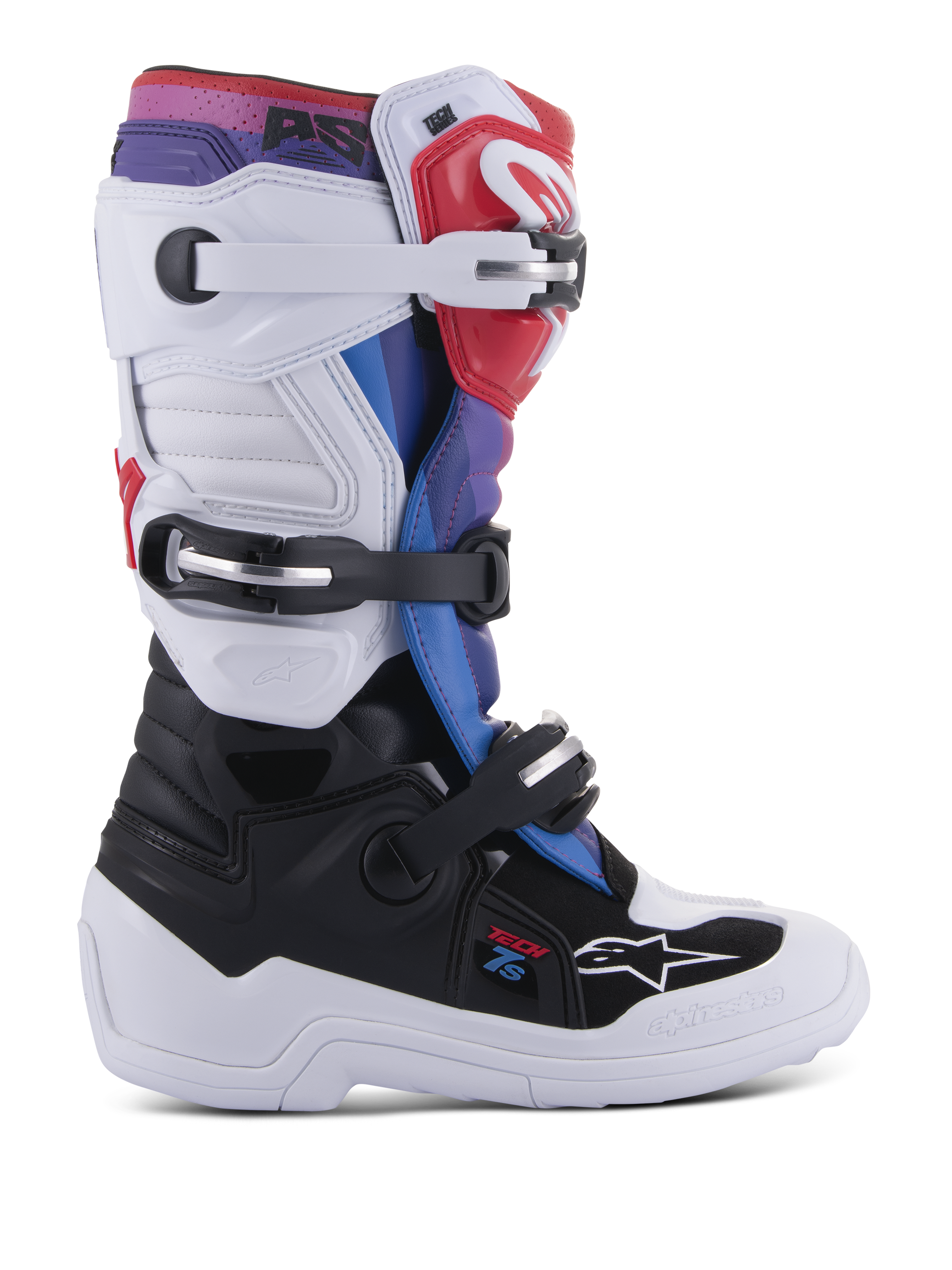 Botas Alpinestars Youth Tech 7S, botas de motocross para jovens pilotos, brancas e pretas com pormenores em vermelho, azul e roxo, sistema de fecho de fivela tripla, painéis de proteção em TPU e sola branca espessa e durável