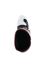Botas Alpinestars Youth Tech 7S, botas de motocross, Branco Preto Rainbow, vista superior olhando para o interior da bota, interior preto com rebordo vermelho, biqueira branca com logótipo Alpinestars em preto