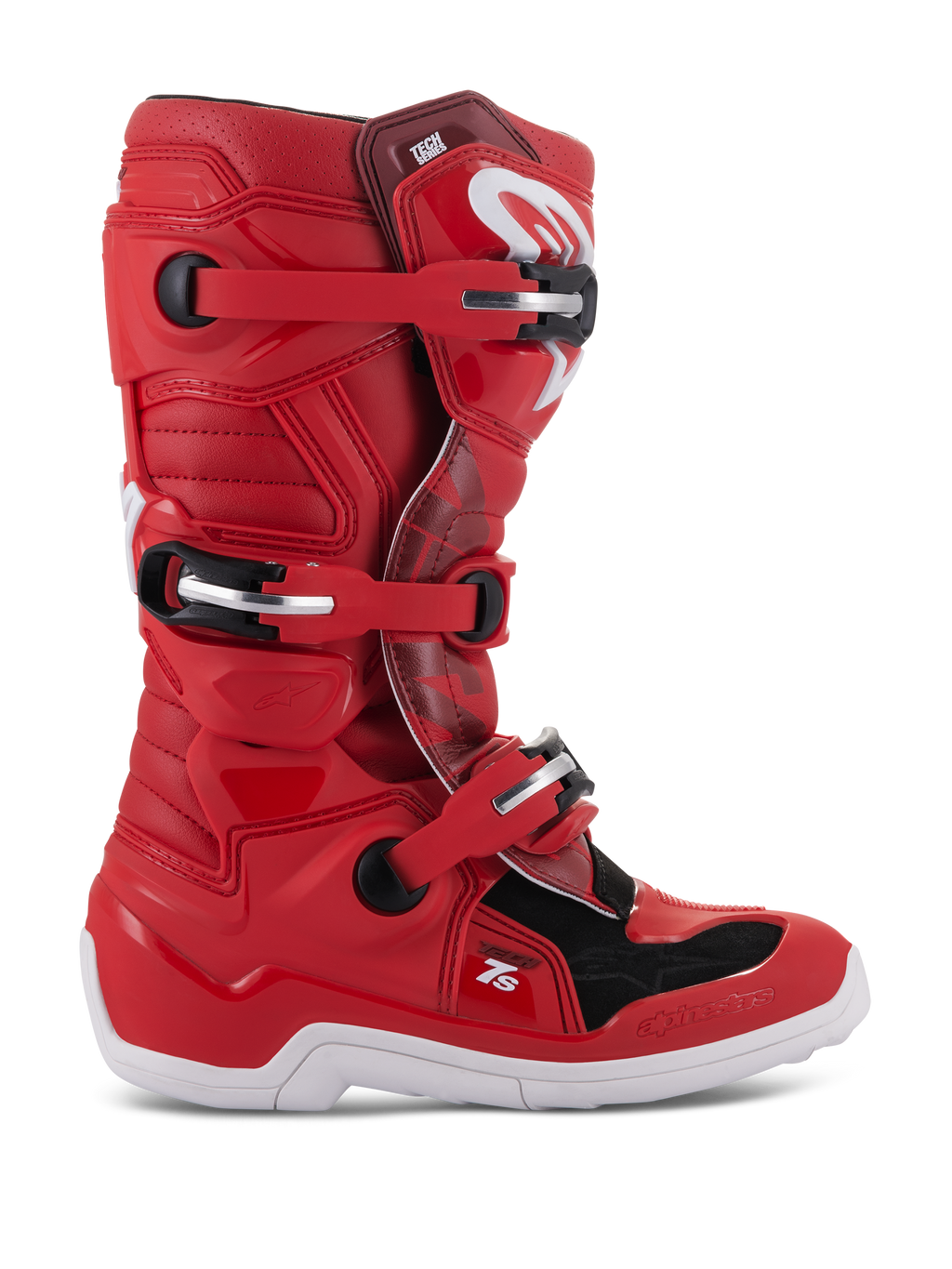 Alpinestars Youth Tech 7S Boots, Motocross Off-Road Boots, Red with Black and White accents, Multiple Buckle Fastening System, Textured Protection Panels, White Sole, Reinforced Structure for Youth Riders