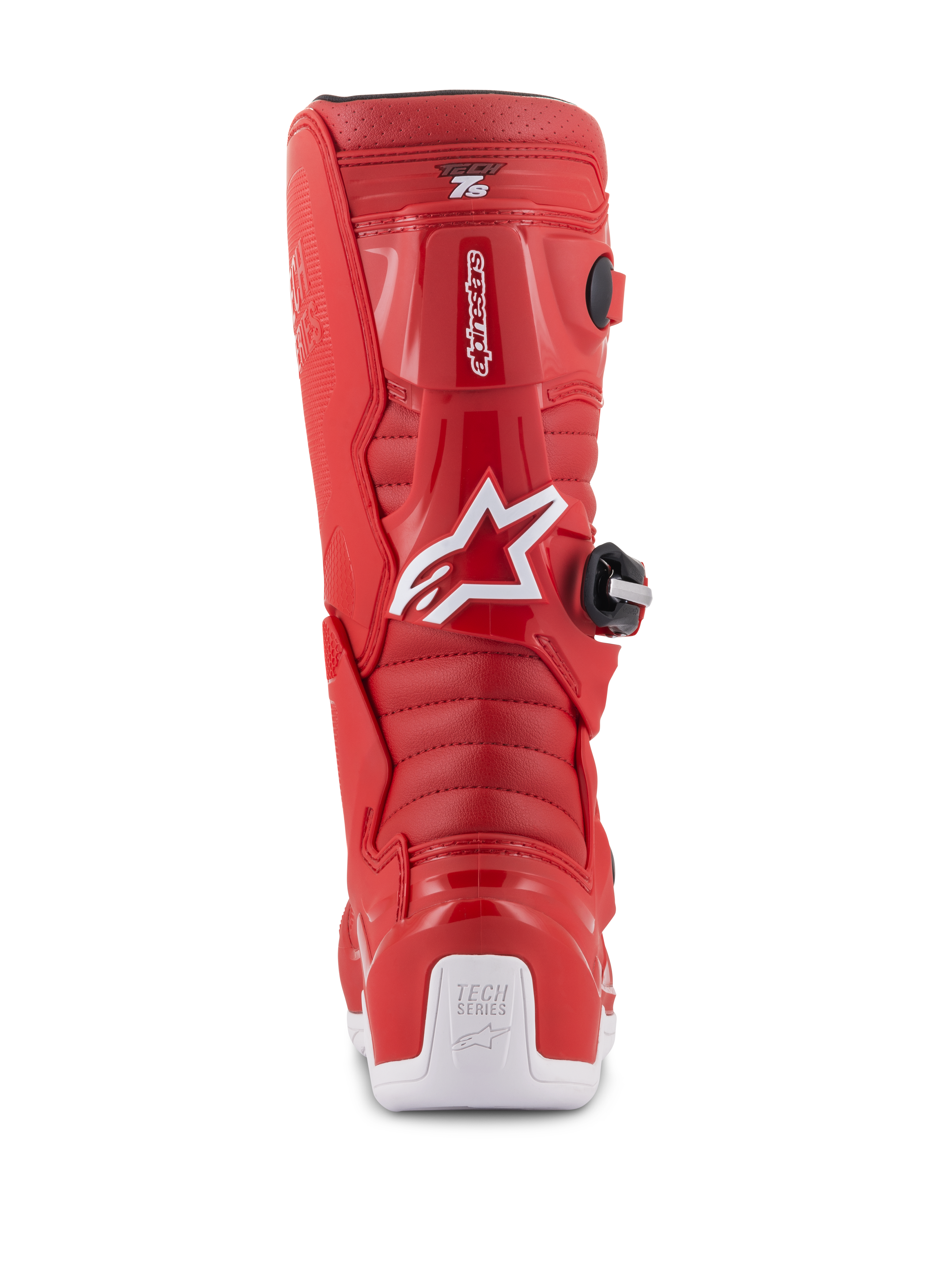 Alpinestars Youth Tech 7S Boots, Red Motocross Boots, rear view featuring white Alpinestars logo and heel protector, ribbed flex zones, protective TPU construction for youth off-road racing