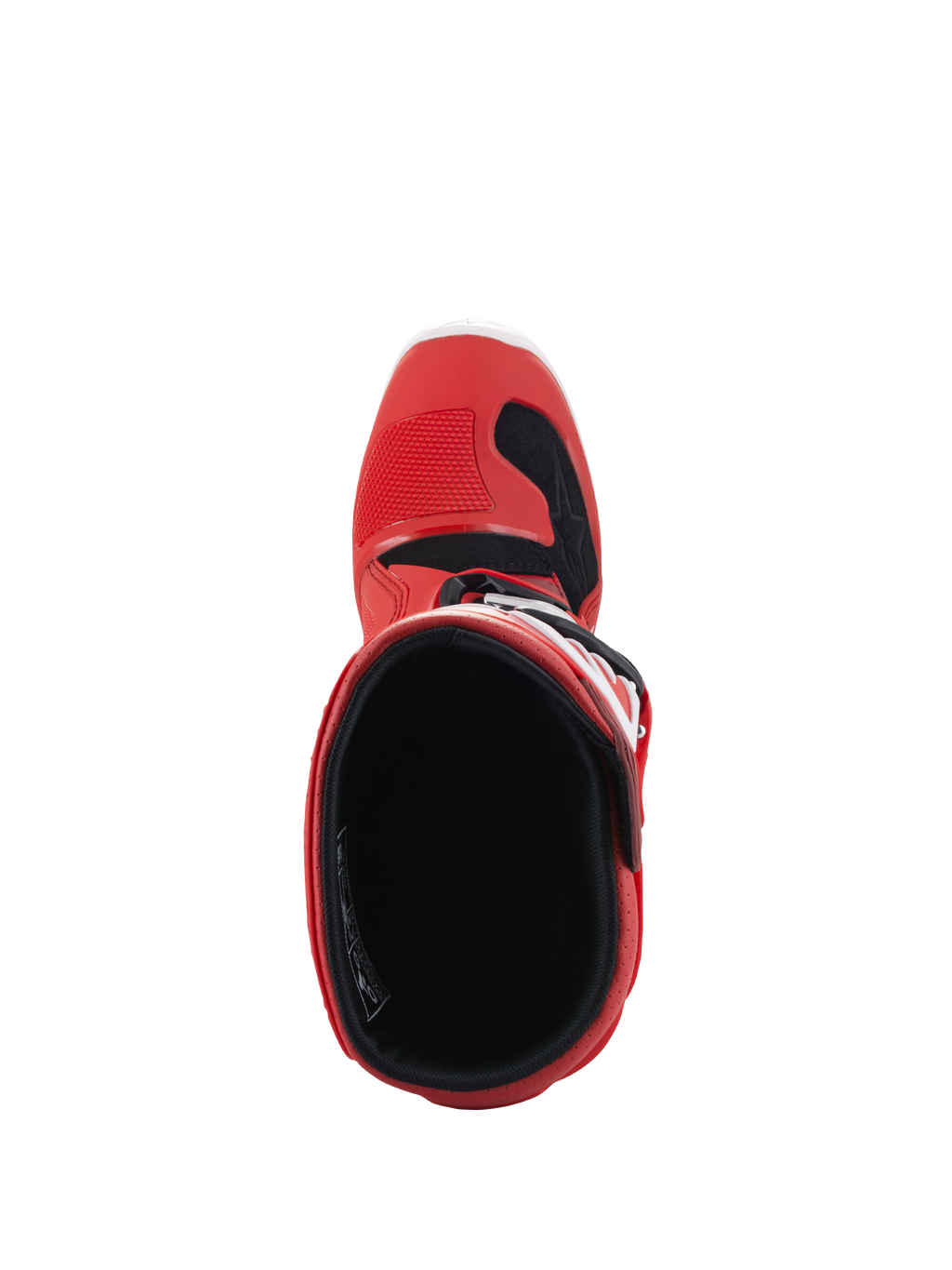 Alpinestars Youth Tech 7S Boots, Motocross Boots, Red, top-down view showing the interior lining and opening, red outer shell with black and white accents, designed for junior off-road riders