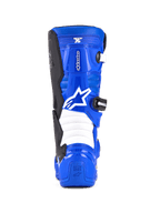 Botas Alpinestars Youth Tech 7 S, botas de motocross, azul, preto e branco, vista traseira com logótipo Alpinestars em branco, estrutura em TPU azul com zonas flexíveis em acordeão brancas, calçado de proteção para condução off-road para jovens