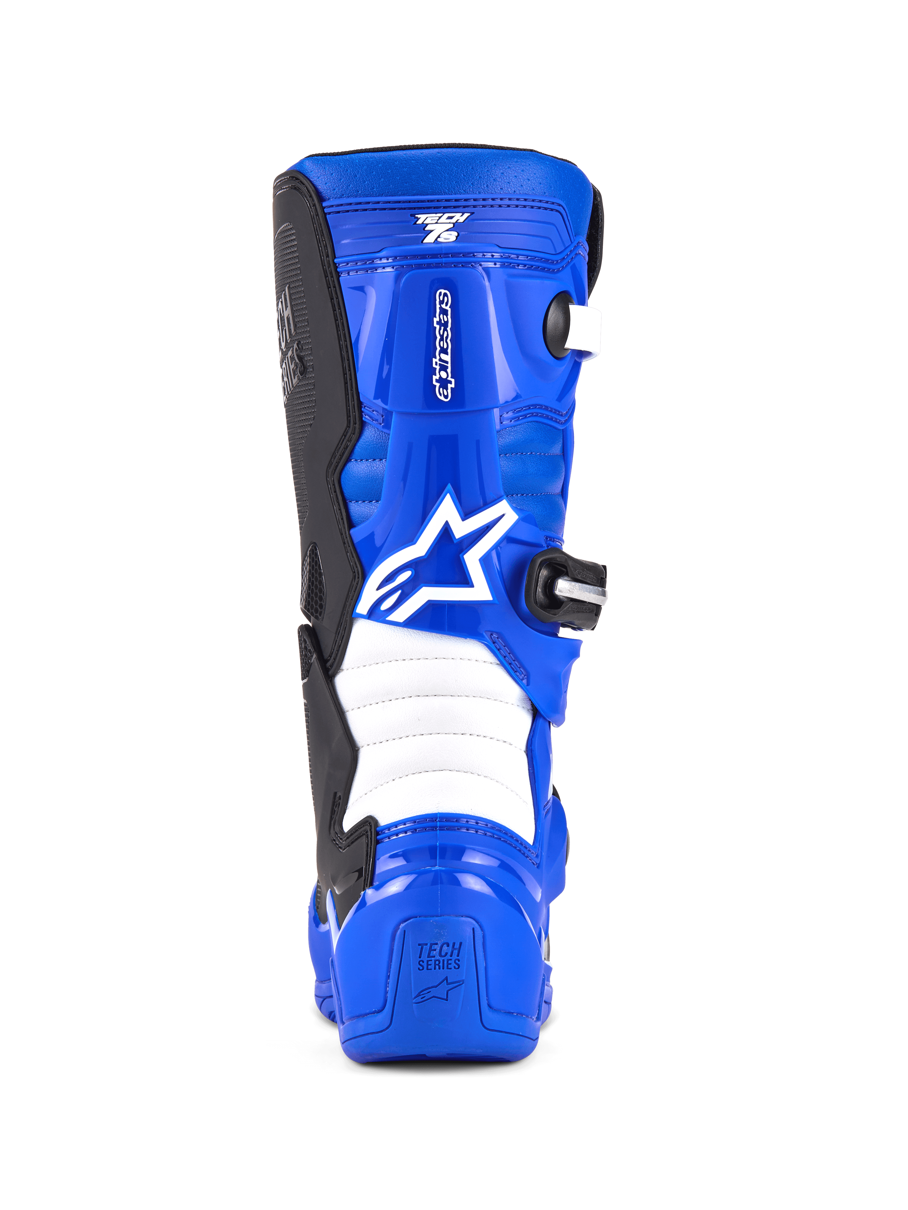 Botas Alpinestars Youth Tech 7 S, botas de motocross, azul, preto e branco, vista traseira com logótipo Alpinestars em branco, estrutura em TPU azul com zonas flexíveis em acordeão brancas, calçado de proteção para condução off-road para jovens