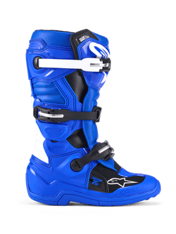 Alpinestars Youth Tech 7 S Boots, Motocross Boots, Blue Black and White, side view showing PU-reinforced microfiber upper, four-buckle closure system with white and black straps, TPU shin plate, and Alpinestars logo, protective off-road footwear for youth riders