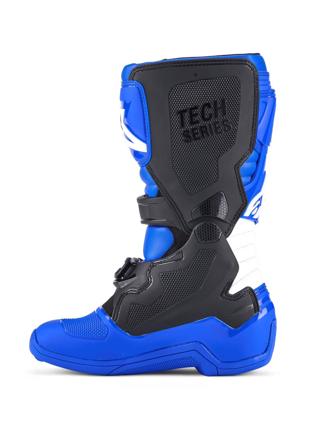 Botas Alpinestars Youth Tech 7 S, botas de motocross, azul, preto e branco, vista lateral apresentando painéis protetores pretos em TPU, marca 'TECH SERIES' na placa da canela, zona de flexão em acordeão branca e uma sola azul durável concebida para corridas de todo-o-terreno.