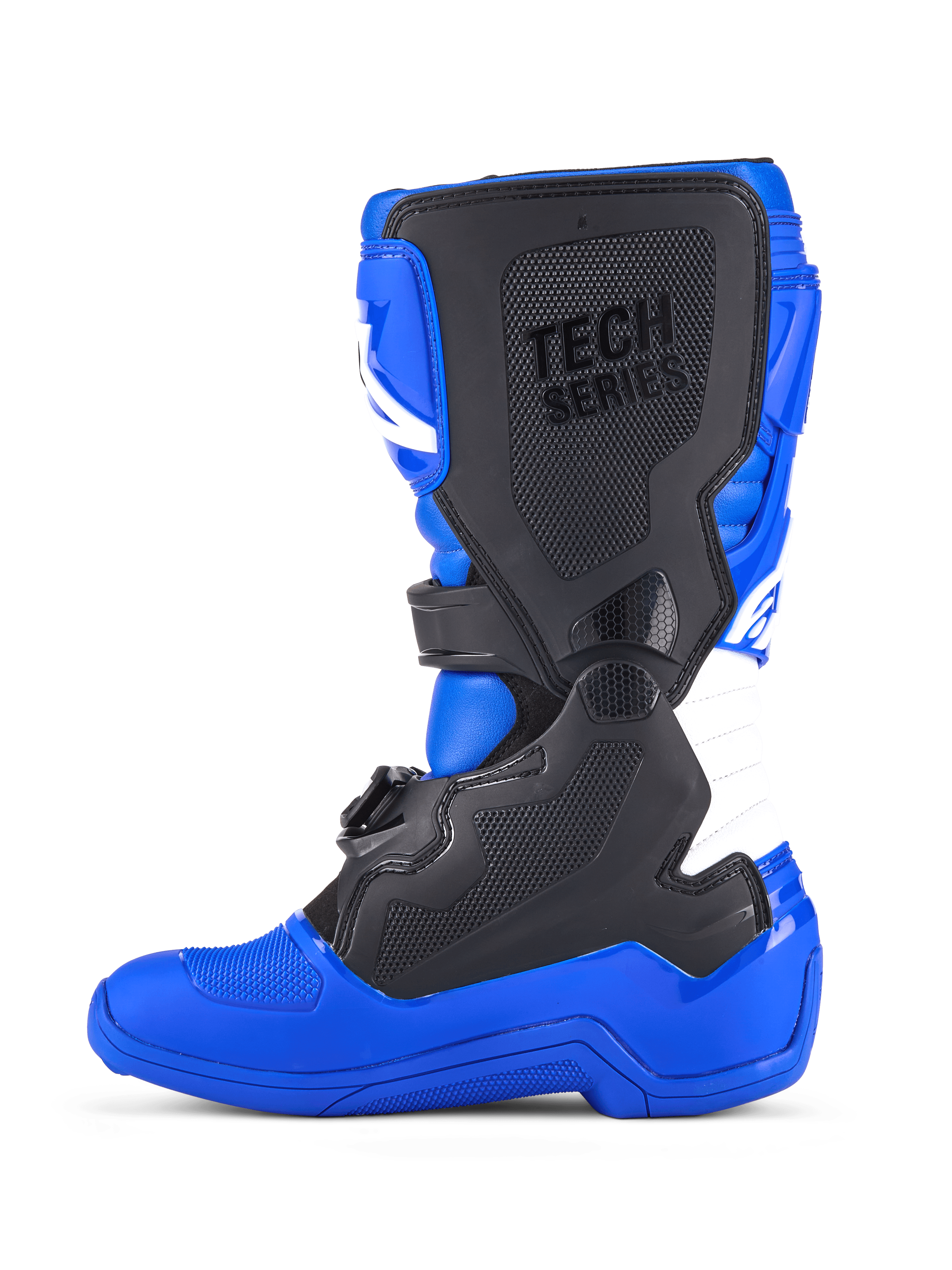 Botas Alpinestars Youth Tech 7 S, botas de motocross, azul, preto e branco, vista lateral apresentando painéis protetores pretos em TPU, marca 'TECH SERIES' na placa da canela, zona de flexão em acordeão branca e uma sola azul durável concebida para corridas de todo-o-terreno.