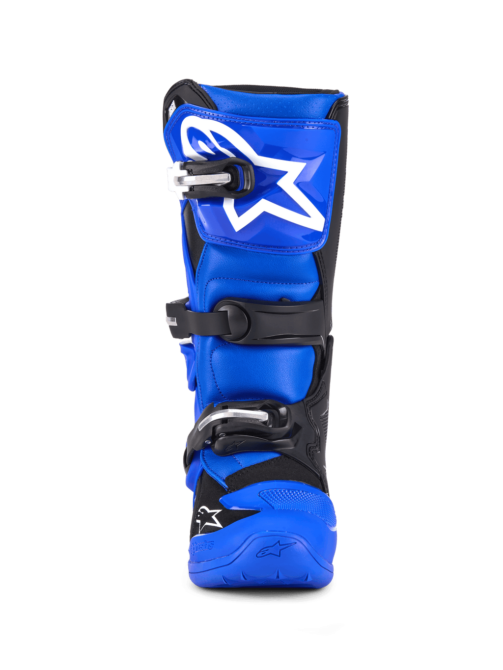Botas Alpinestars Youth Tech 7 S, botas de motocross, azul, preto e branco, vista frontal com sistema de fecho de tripla fivela, logótipo Alpinestars branco de grandes dimensões na proteção da canela, sola azul durável, equipamento de proteção de alto desempenho para jovens pilotos