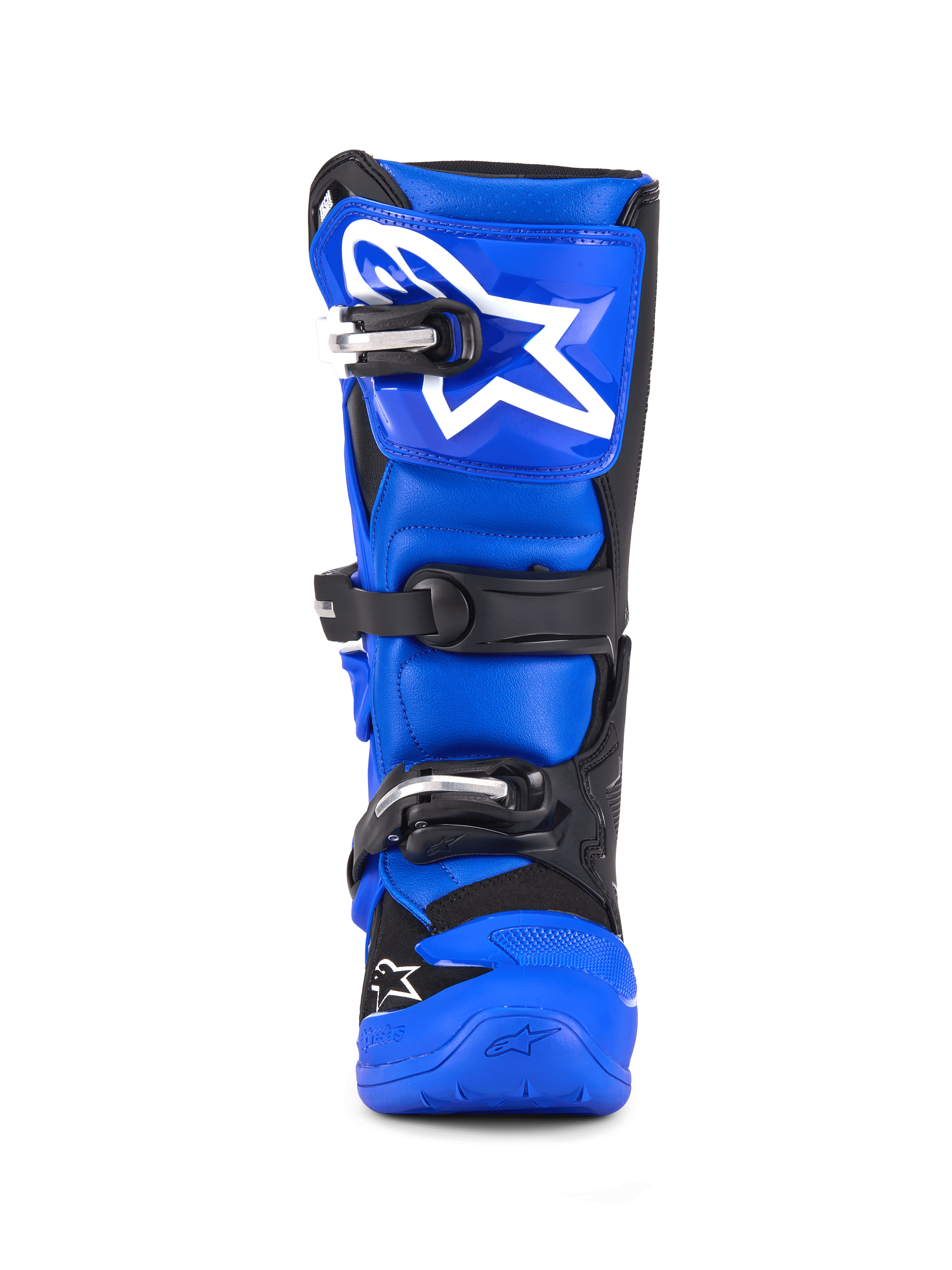 Botas Alpinestars Youth Tech 7 S, botas de motocross, azul, preto e branco, vista frontal com sistema de fecho de tripla fivela, logótipo Alpinestars branco de grandes dimensões na proteção da canela, sola azul durável, equipamento de proteção de alto desempenho para jovens pilotos