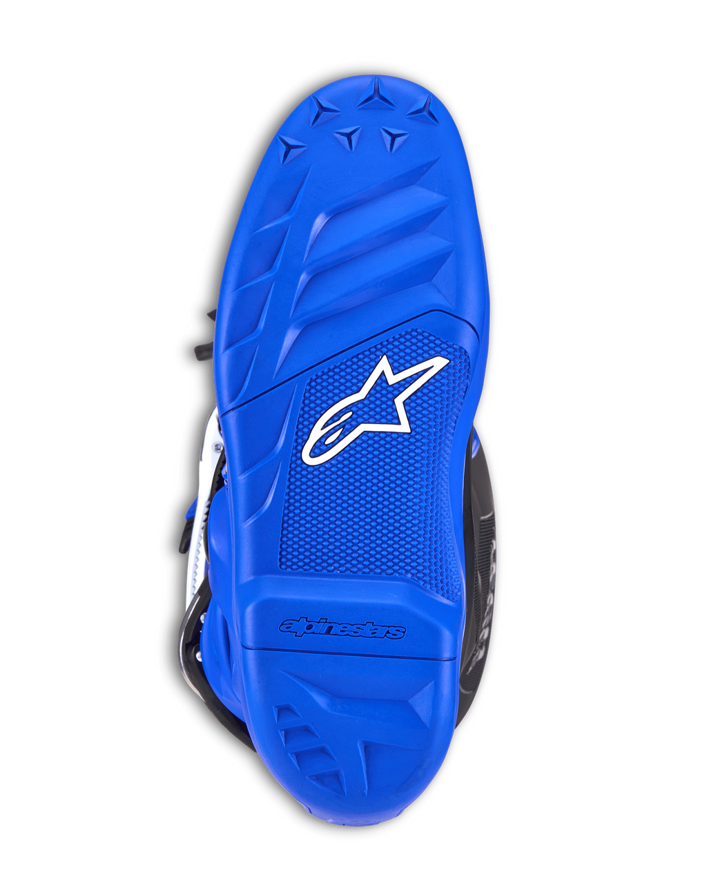 Alpinestars Youth Tech 7 S Boots, botas de motocross, sola azul com logótipo Alpinestars branco, padrão de aderência em borracha texturizada, sola exterior durável concebida para tração em todo-o-terreno e controlo nos apoios de pés