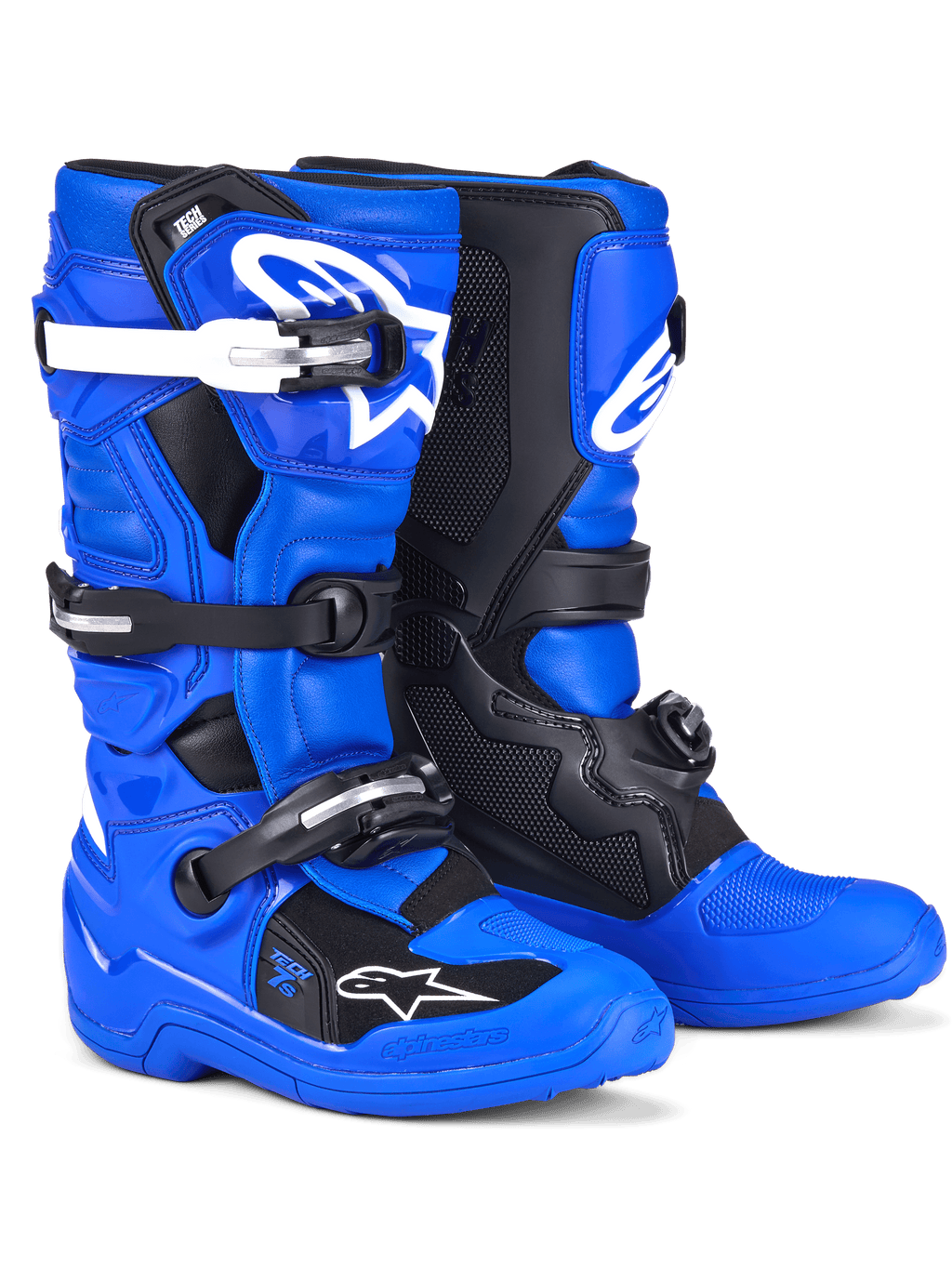 Botas Alpinestars Youth Tech 7 S, botas de motocross, azul, preto e branco, com uma parte superior em azul vibrante, painéis de proteção pretos e detalhes de fivelas em branco, sistema de fecho com várias tiras, design durável com especificações de corrida para condução fora de estrada