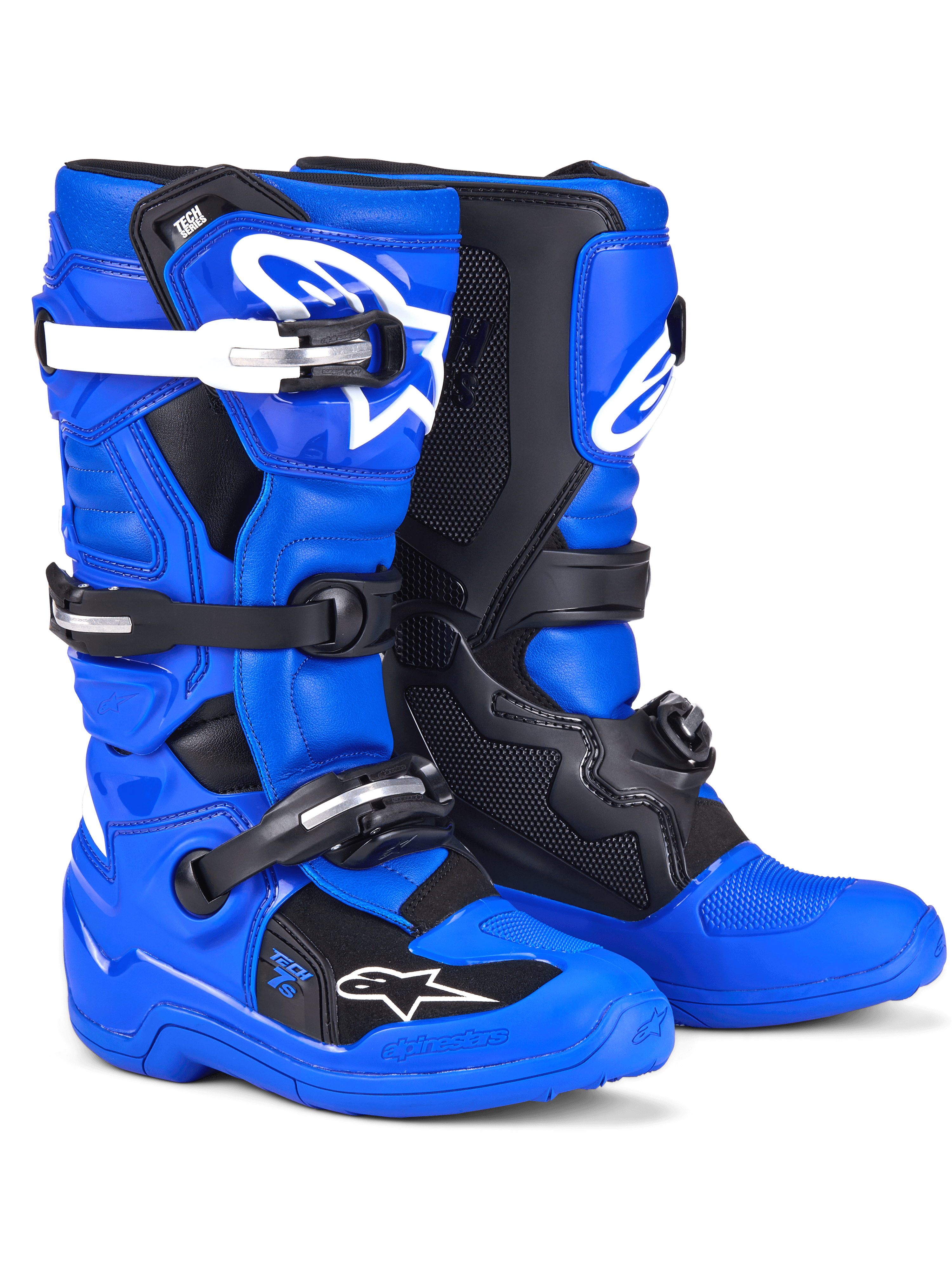 Botas Alpinestars Youth Tech 7 S, botas de motocross, azul, preto e branco, com uma parte superior em azul vibrante, painéis de proteção pretos e detalhes de fivelas em branco, sistema de fecho com várias tiras, design durável com especificações de corrida para condução fora de estrada