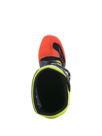 Alpinestars Youth Tech 7S Boots, Motocross Boots, Dark Gray with Red and Yellow Fluorescent accents, top-down view showing the interior opening with fluorescent yellow lining and red toe cap, designed for youth off-road racing.