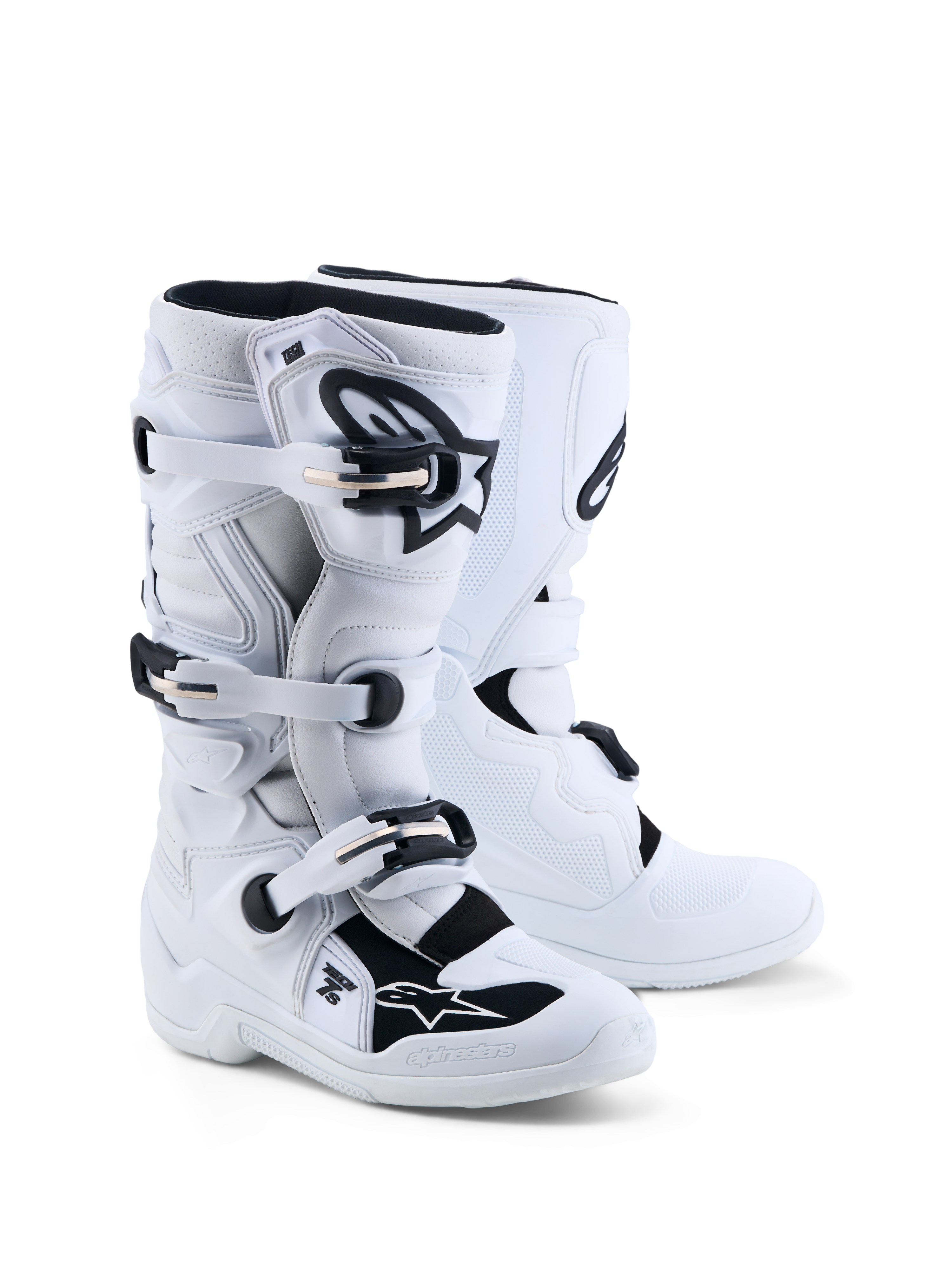 Alpinestars Tech 7S, botas de motocross para juventude, brancas e pretas, com proteção em TPU e certificadas CE.