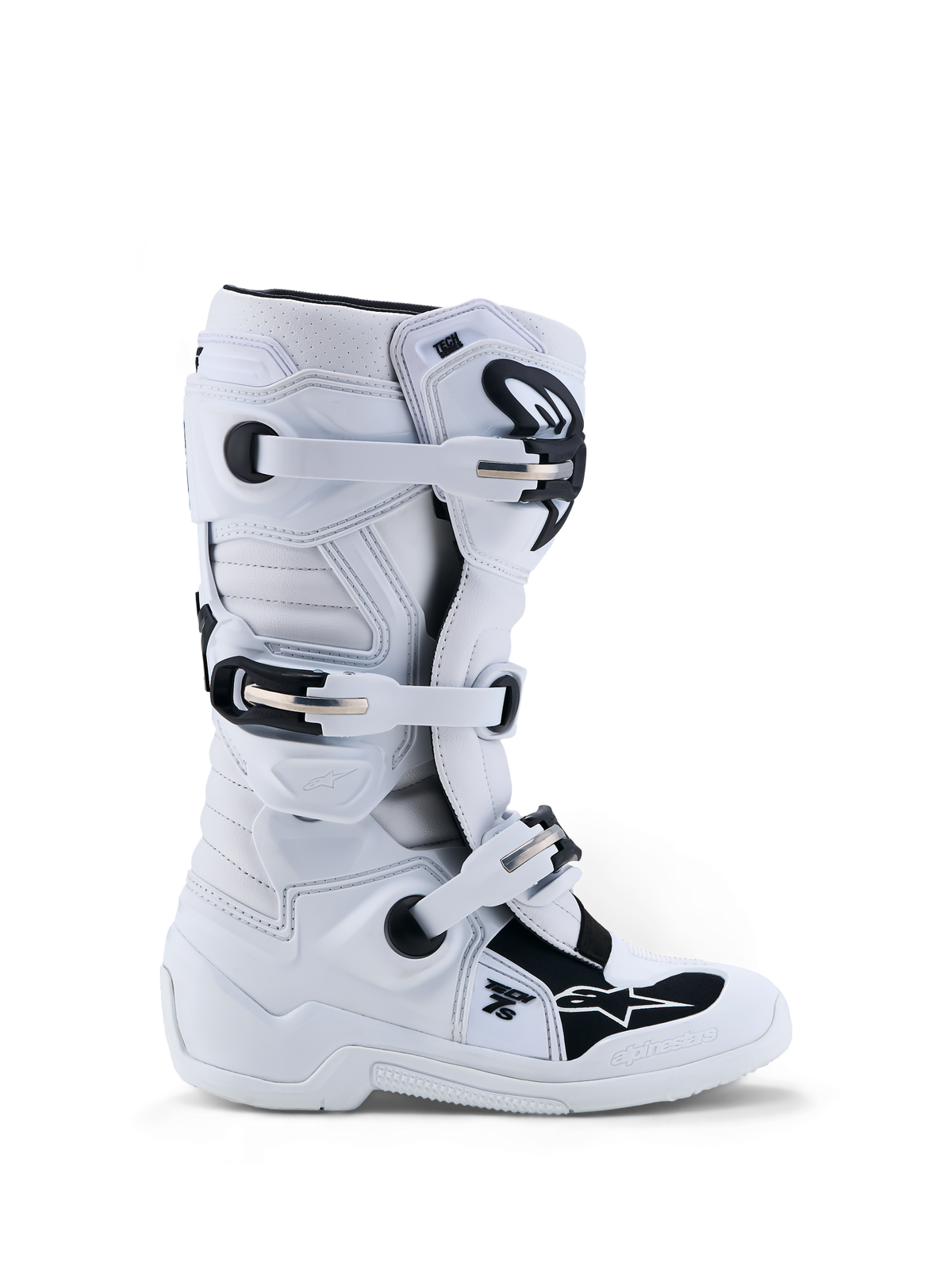 Botas Alpinestars Tech 7S Jovem, botas de motocross para juventude, brancas e pretas, com proteção TPU avançada.