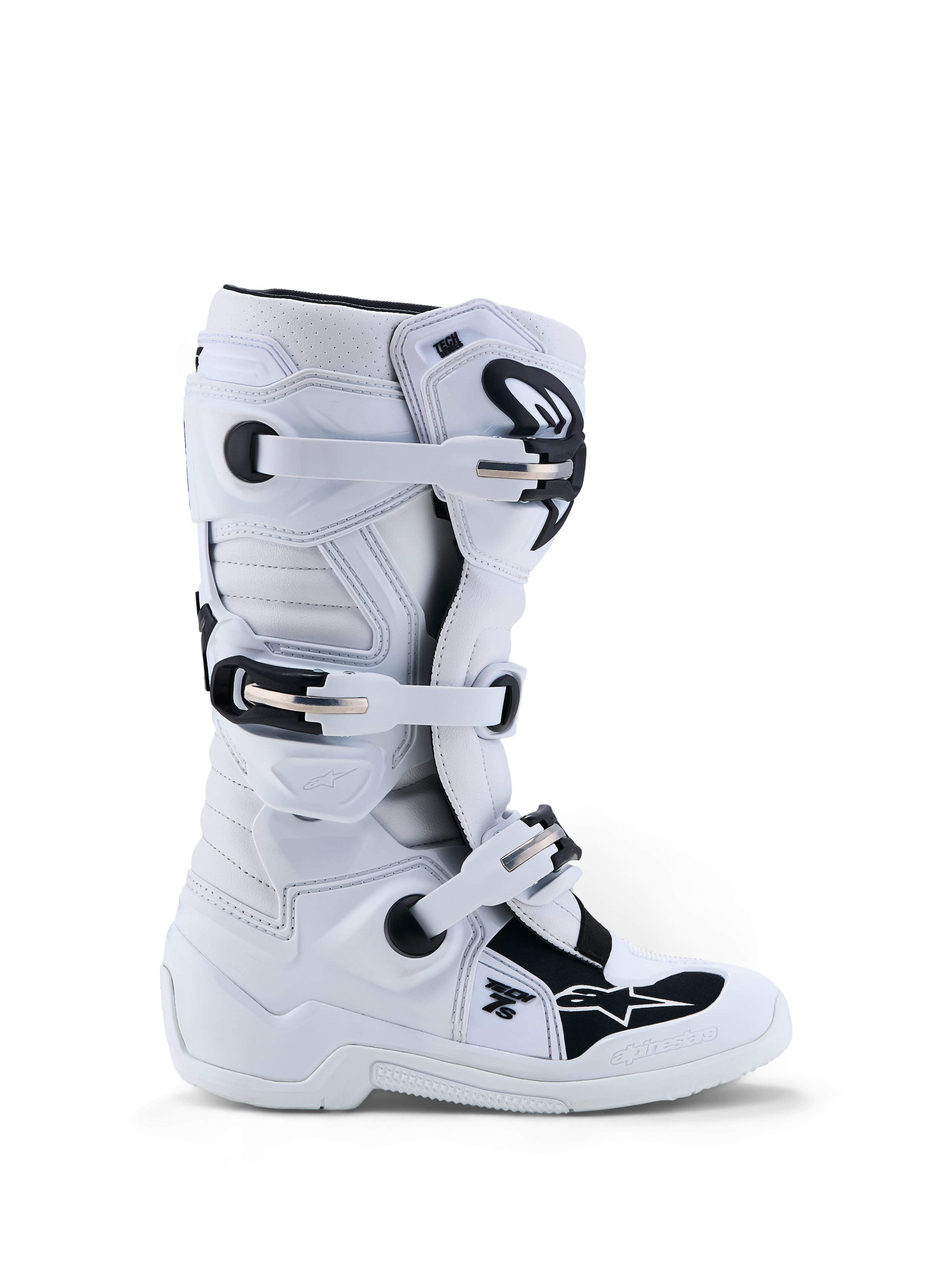 Botas Alpinestars Tech 7S Jovem, botas de motocross para juventude, brancas e pretas, com proteção TPU avançada.